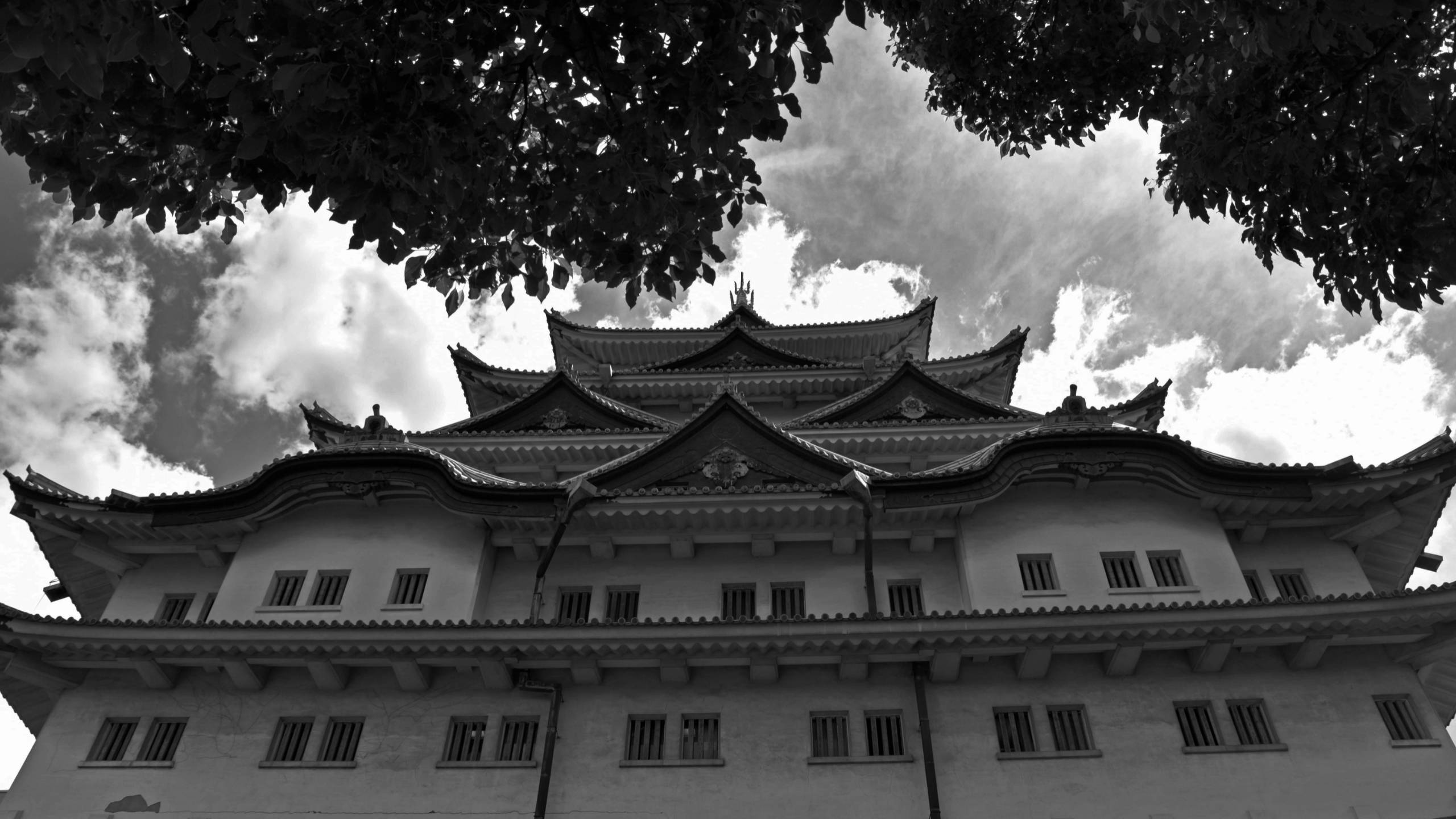 名古屋城黑白風景 壁紙 — 一張戲劇性的黑白低角度拍攝，傳統日本城堡被茂密的樹枝環繞，背景是陰雲密佈的天空。