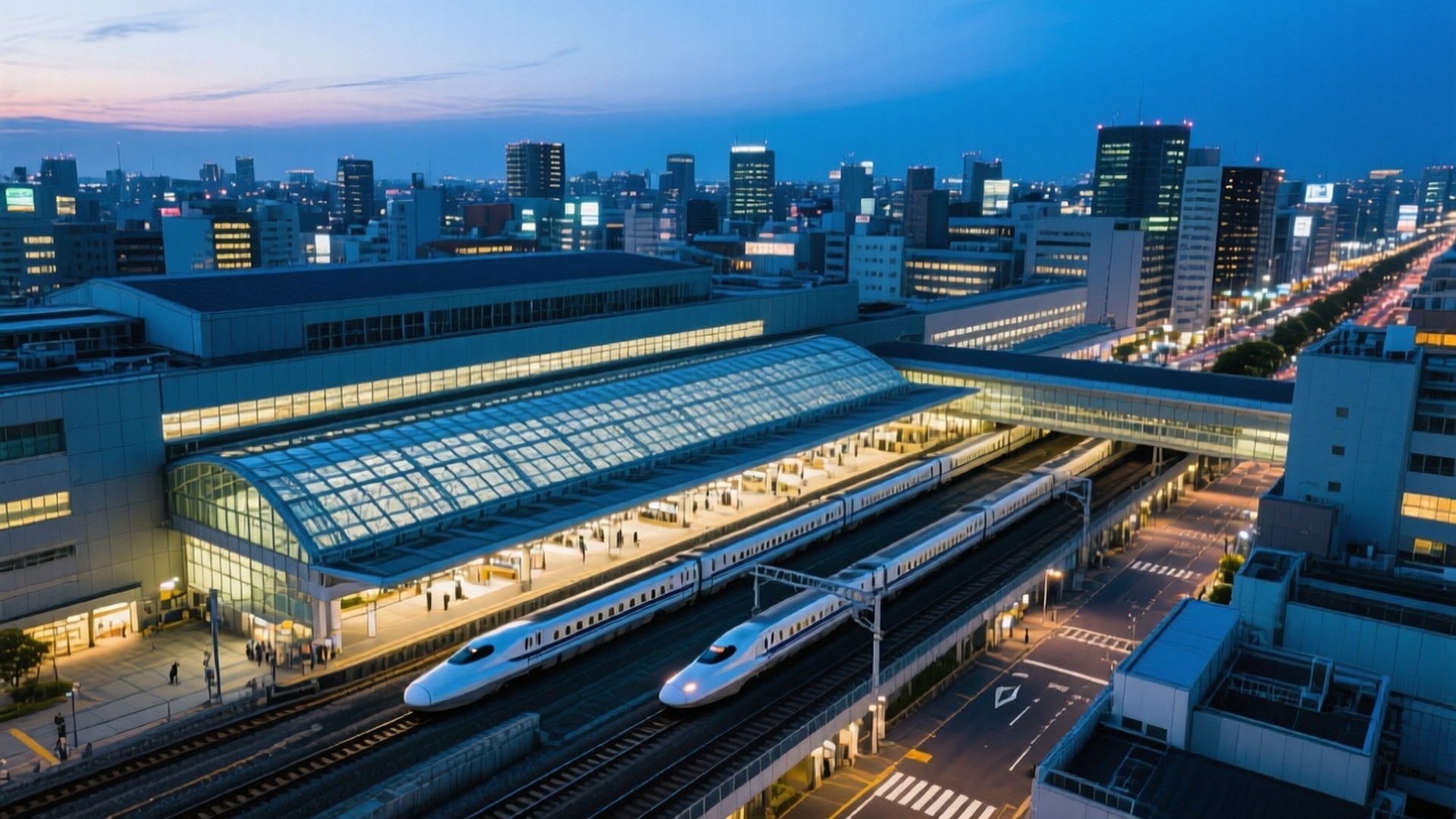暮色中背景有城市燈光的現代化車站中的兩架子彈列車
