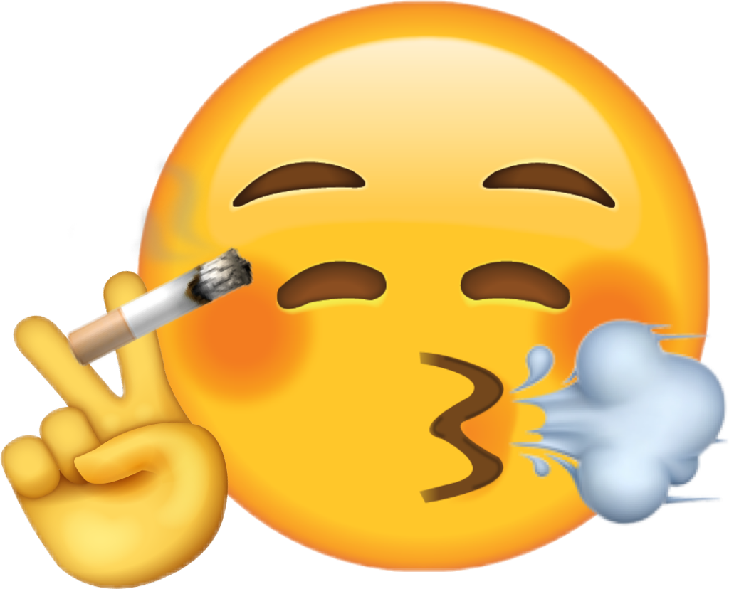 吐煙的吸煙表情符號 壁紙 — 一個黃色表情符號臉眨眼並吹出煙圈，同時拿著點燃的香煙並做出和平手勢。