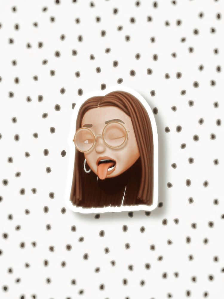 卡通女孩貼紙戴眼鏡伸出舌頭在圓點背景上