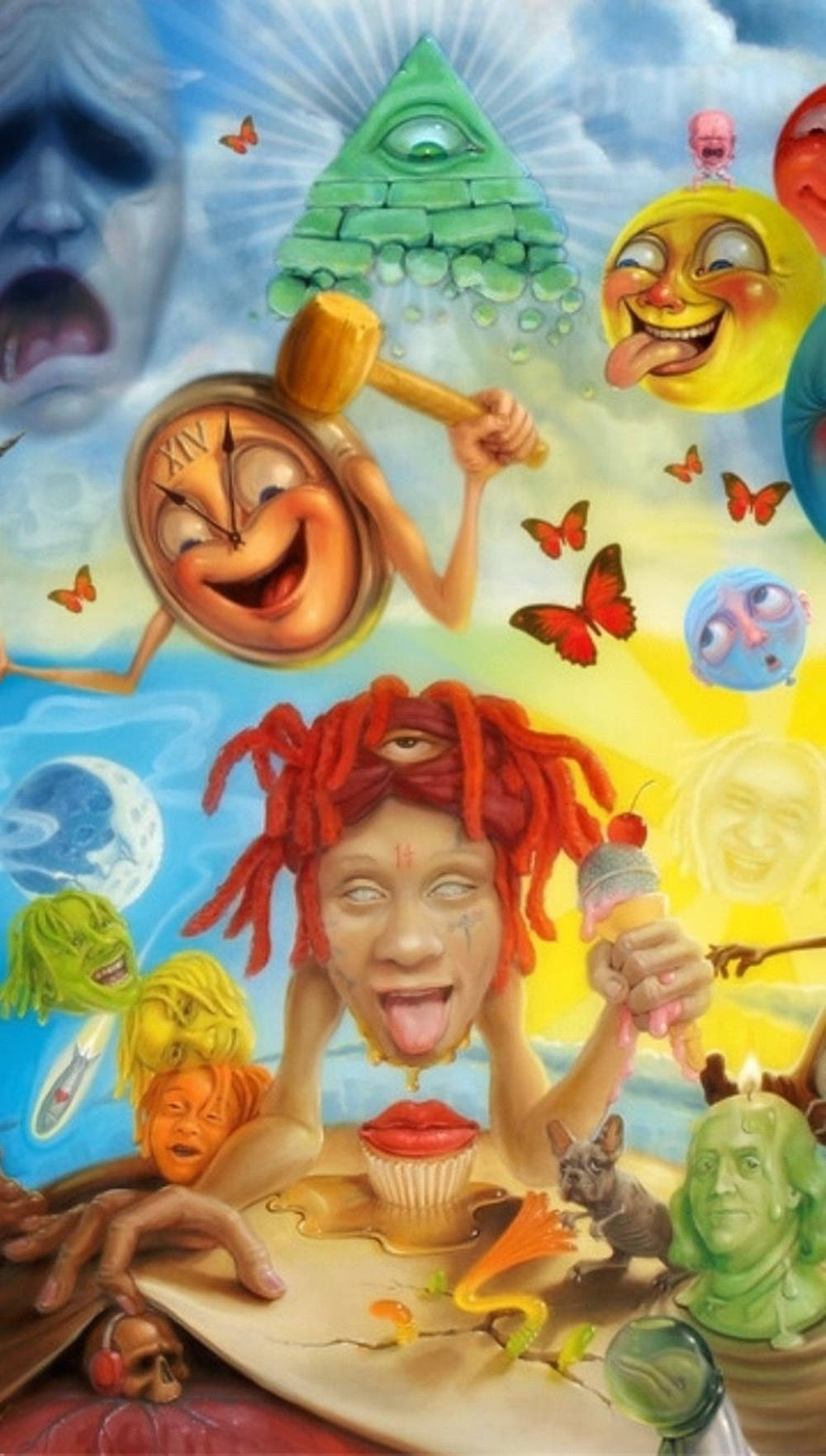 超現實藝術作品，一個人舔著杯子蛋糕，周圍環繞著漂浮的卡通臉孔和蝴蝶。