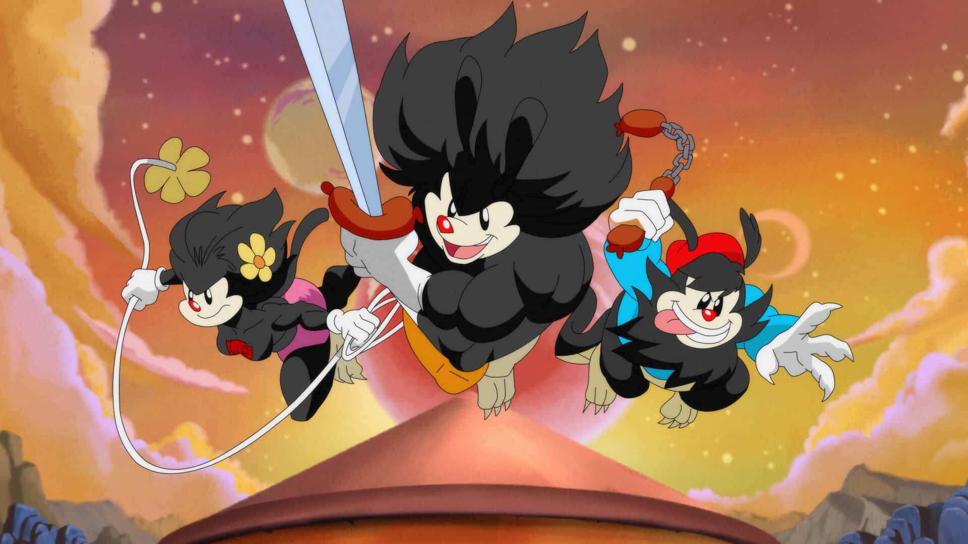 向 Animaniacs 致上問候！ 壁紙 — 三個黑髮紅鼻的動漫角色手持武器和繩索在火紅的夕陽天空中翱翔。