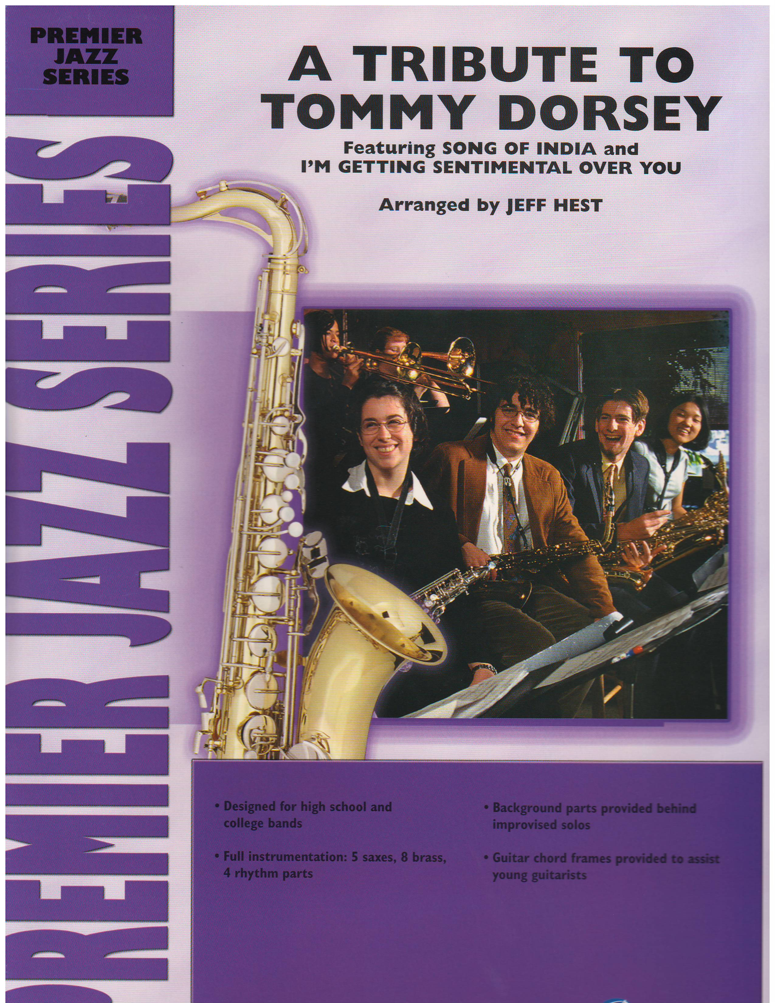 向 Tommy Dorsey 致敬專輯封面藝術 壁紙 — 紫色專輯封面上的爵士樂隊照片，一個巨大的金色薩克斯風佔據了前景。