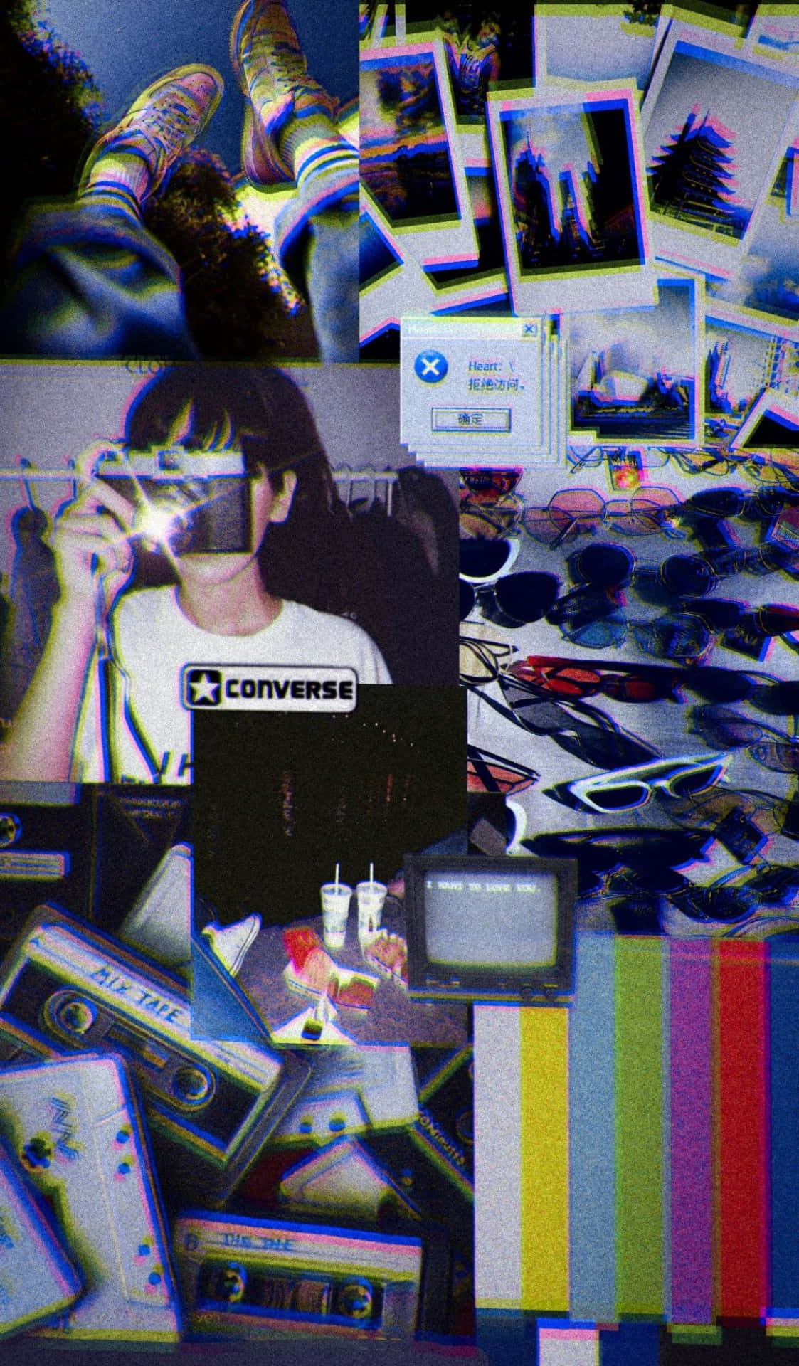 故障藝術拼貼， featuring 運動鞋、卡式錄音帶、太陽眼鏡和一個拿著相機的人。