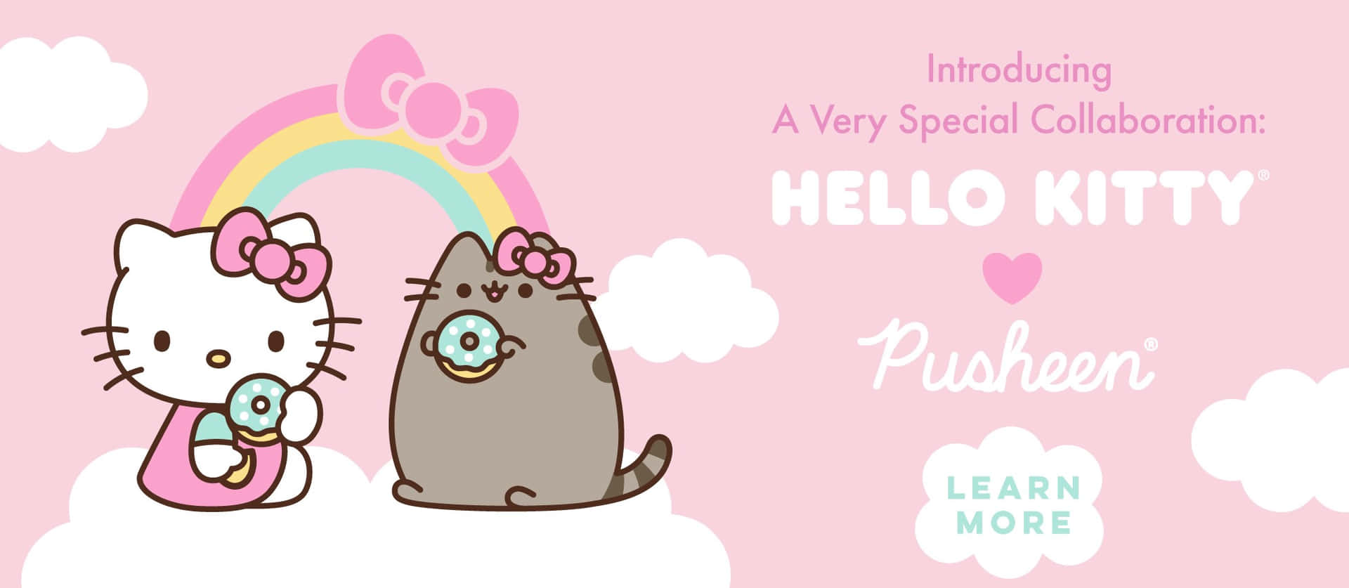 Hello Kitty 和 Pusheen 在彩虹下的雲上拿著甜甜圈。