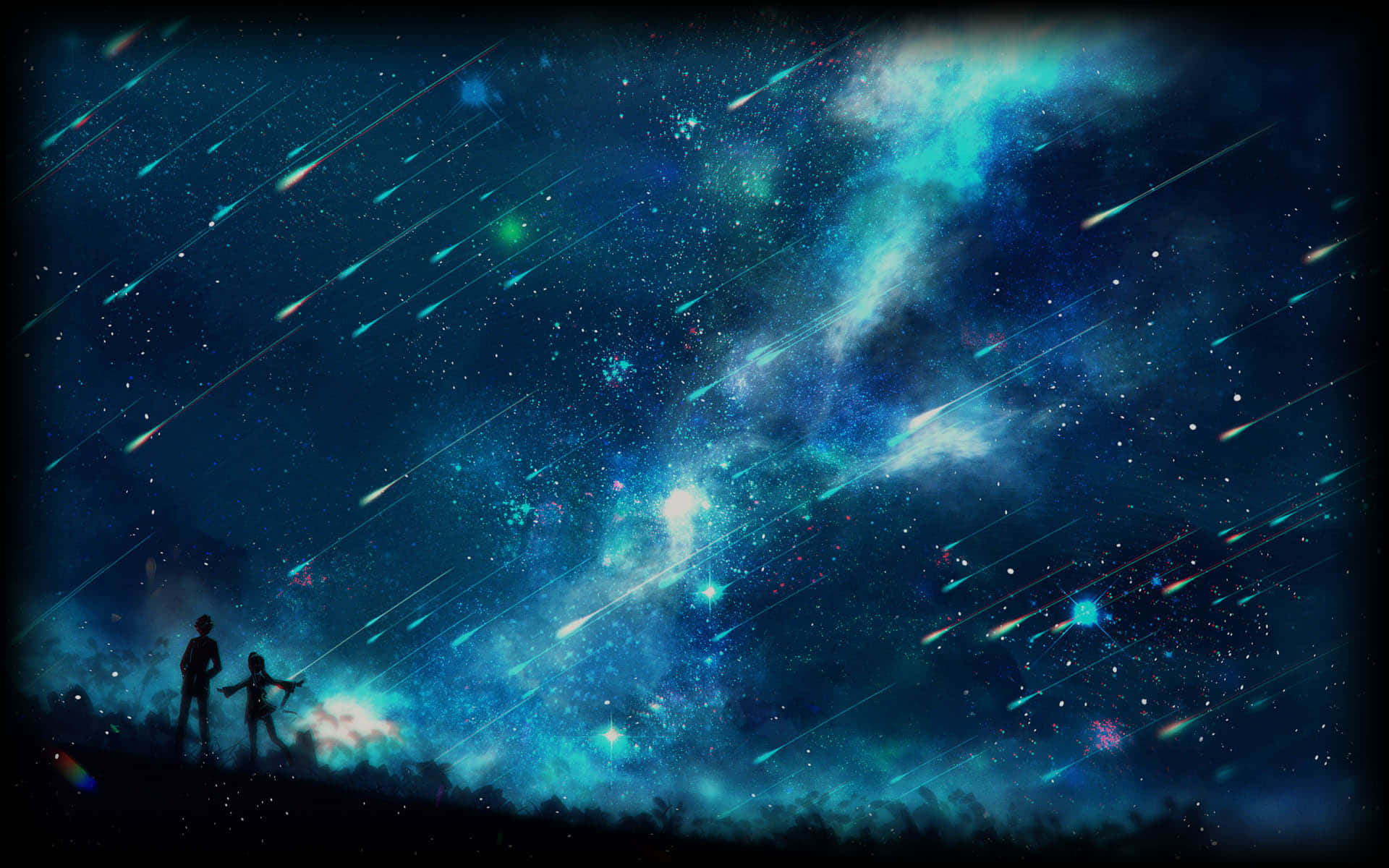兩個人在繁星點點的夜空下觀看五彩繽紛的流星雨。