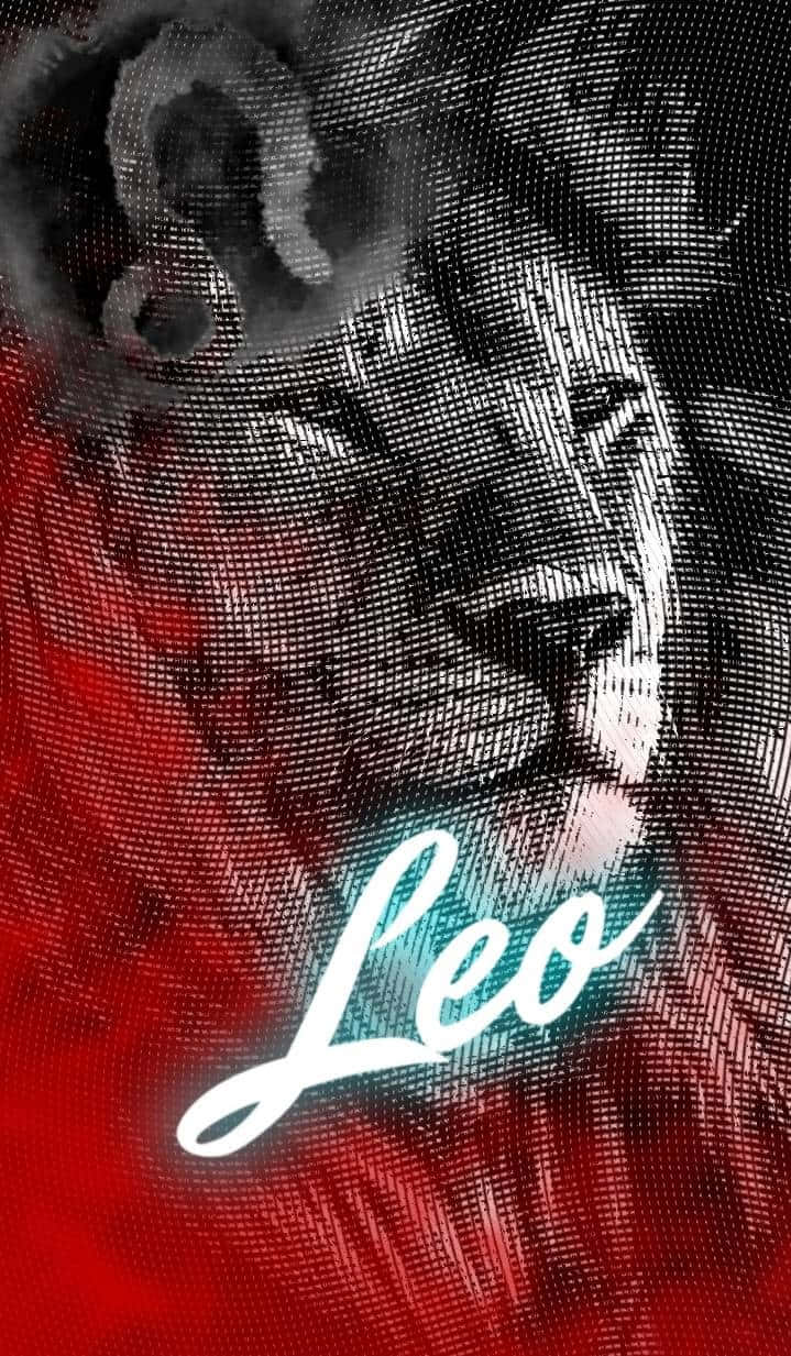 一個半色調風格的獅子臉，帶有發光的Leo文字，背景為紅色。