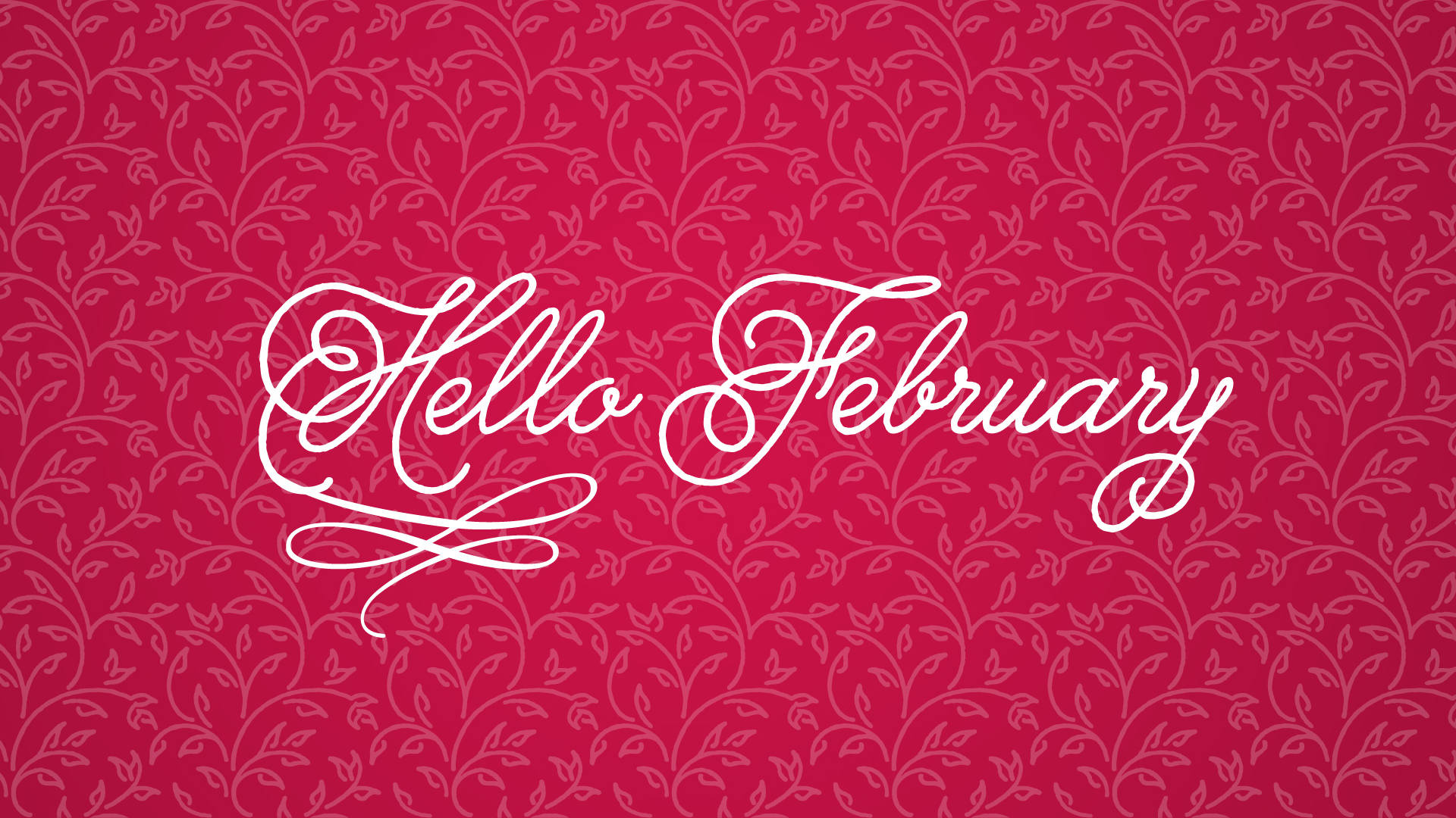 Hello February 以優雅白色字體顯示在紅色花卉圖案背景上