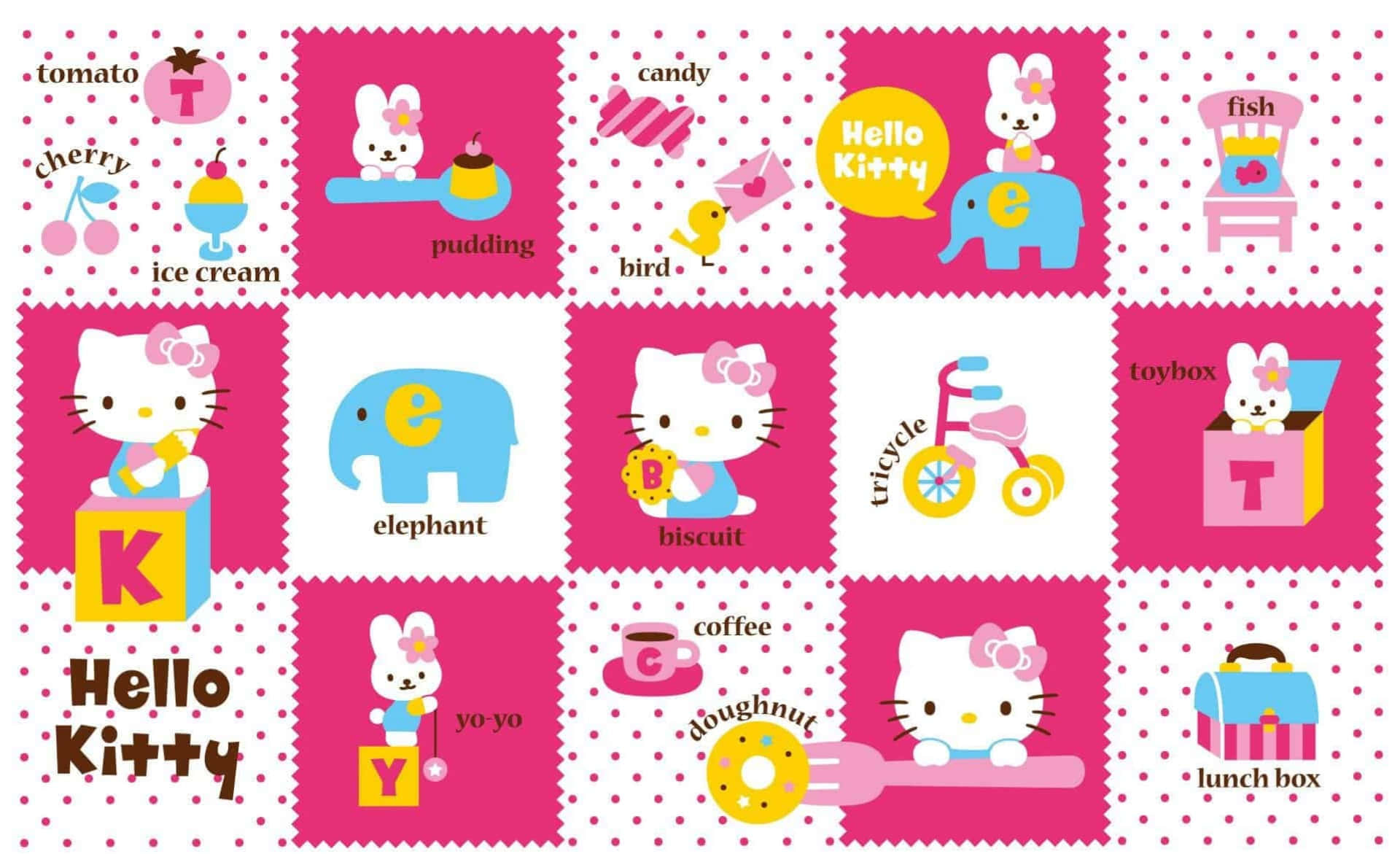 以 Hello Kitty 為主題的牆紙，帶有字母積木和食物，背景為粉紅色圓點圖案。