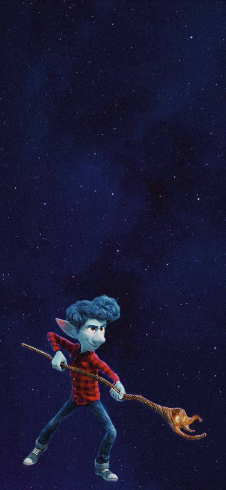 向前衝！伊恩·萊特福特暗夜星空 壁紙 — 一個藍皮膚的精靈穿著紅色格仔襯衫，在星光宇宙背景下揮舞著發光的法杖。