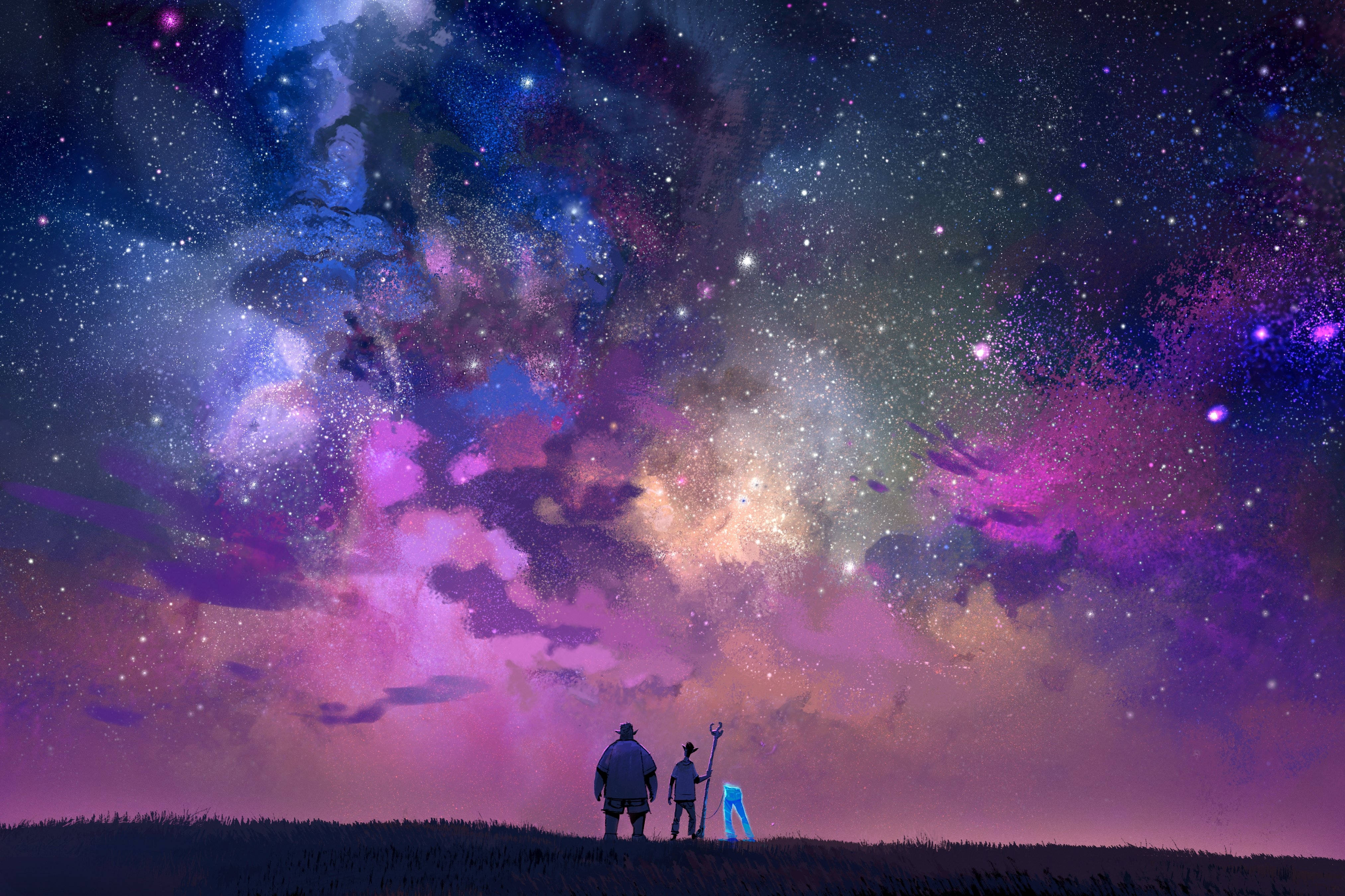 向前衝！彩色天空 壁紙 — 兩個人影站在山丘上，仰望充滿漩渦星雲和無數星辰的壯麗宇宙天空。
