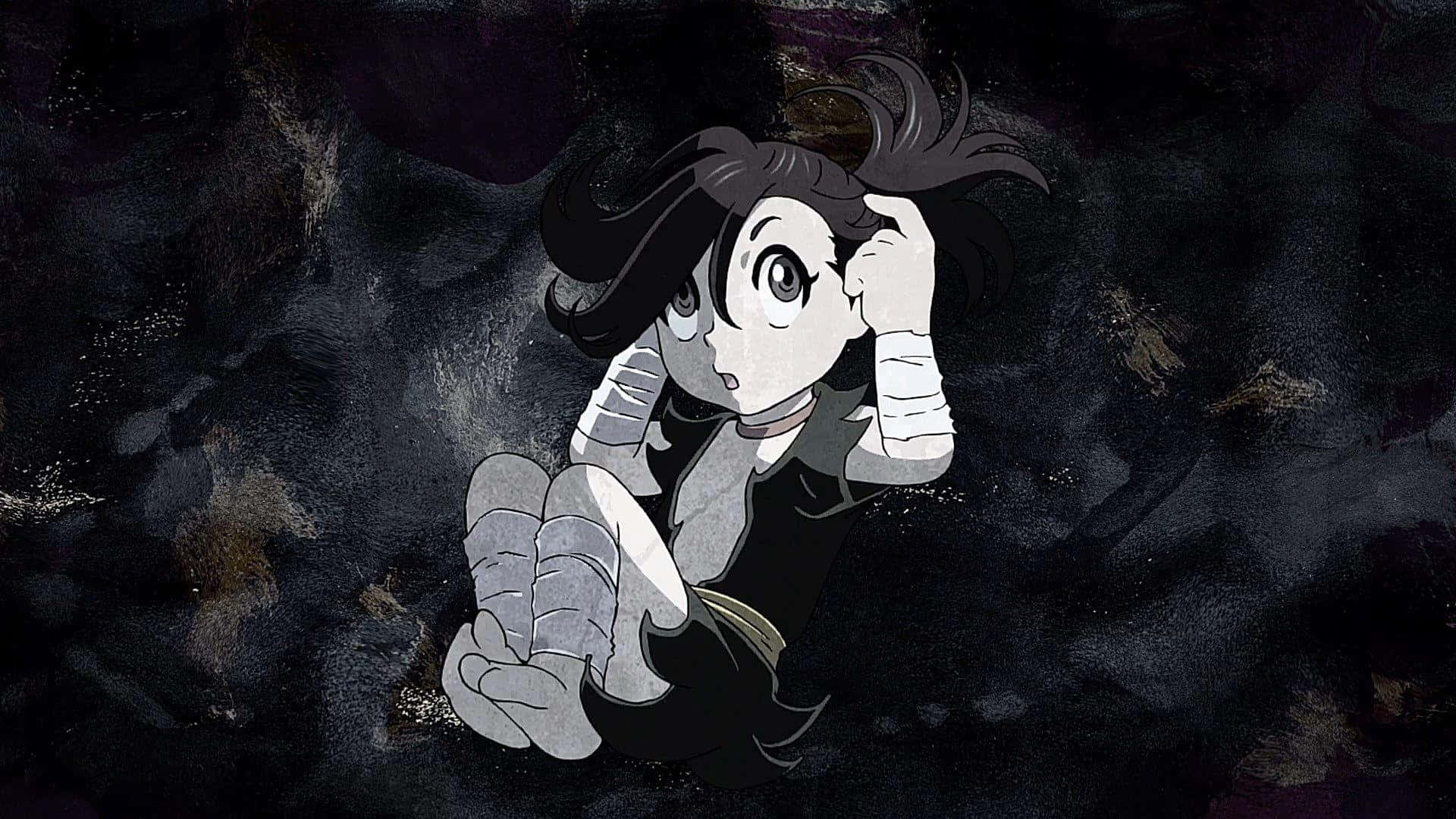 向前衝刺，持續奮戰 壁紙 — 一個受驚的動漫女孩，深色頭髮，手臂纏著繃帶，坐在陰暗、有紋理的虛空中，眼睛因震驚而睜大。