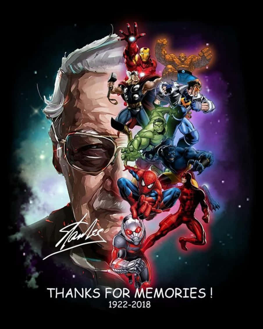 Stan Lee Tribute 桌布 壁紙 — 向史丹·李致敬的插圖，以宇宙為背景，展示鐵甲奇俠、變形俠醫和蜘蛛俠等標誌性漫威超級英雄。