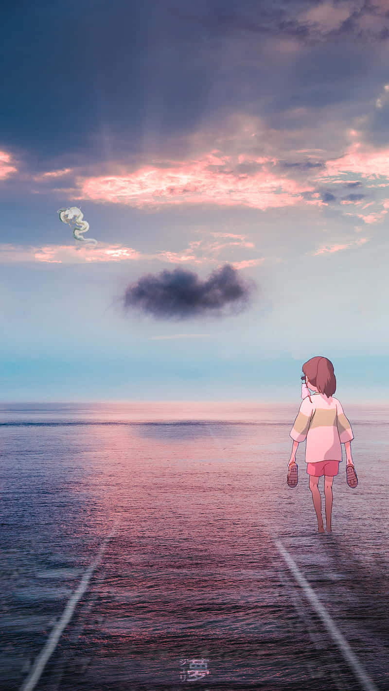 女孩站在水上觀看龍在日落時飛翔。