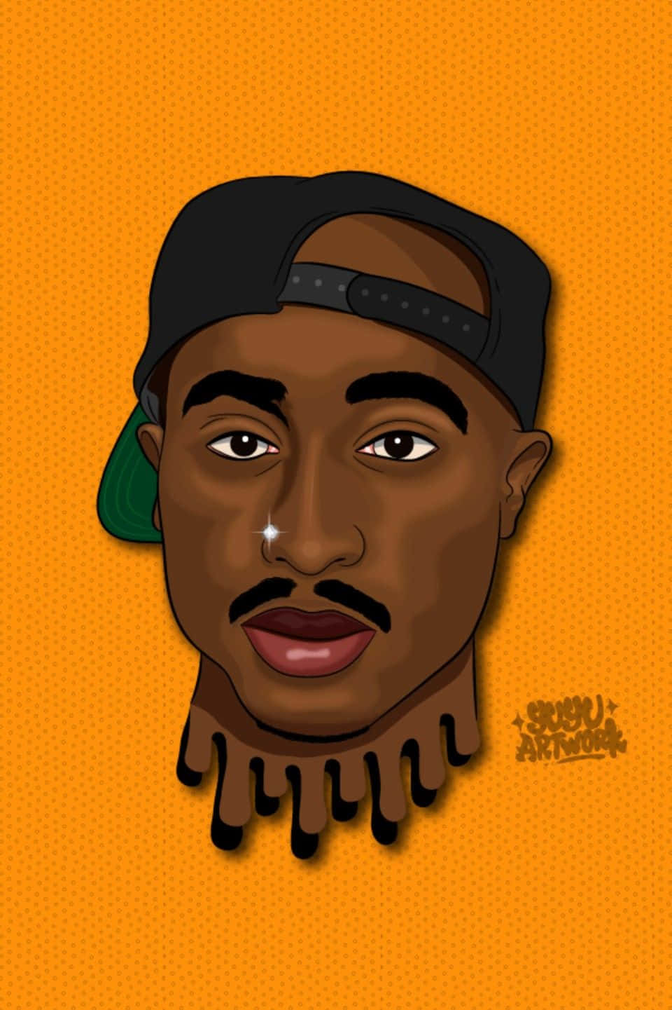 Tupac Shakur戴黑色帽子的卡通插圖，橙色背景。