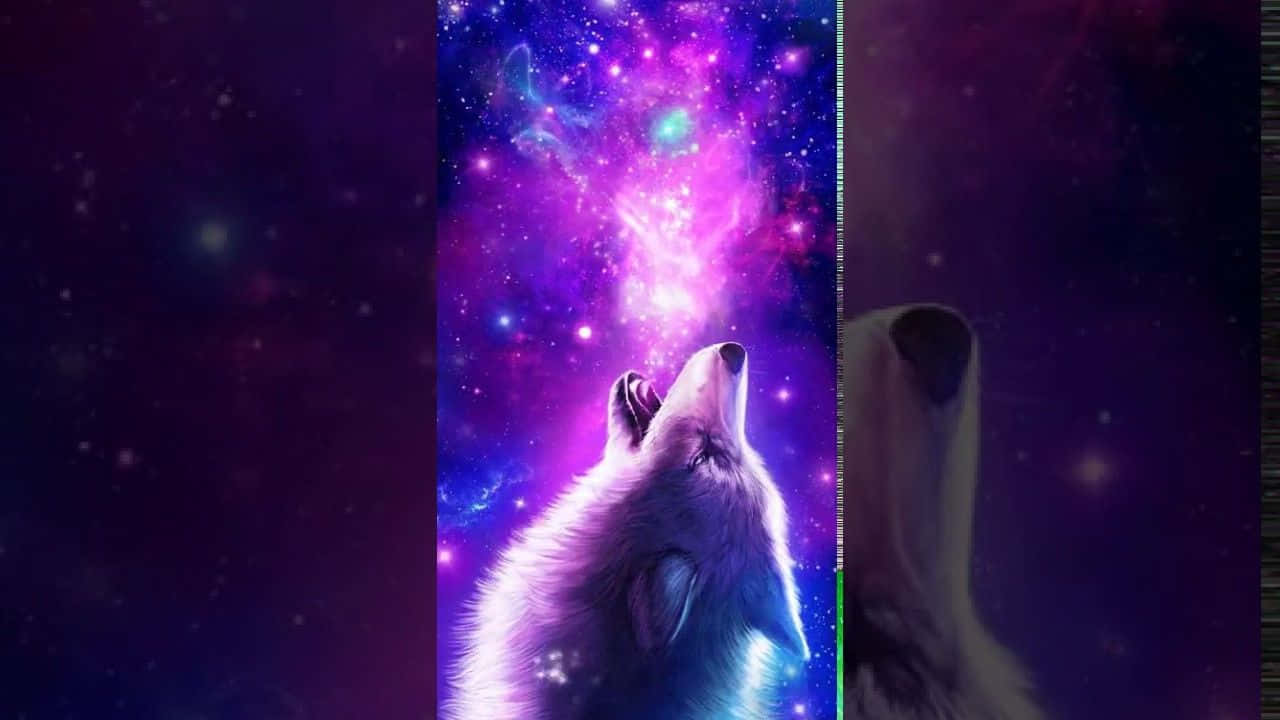 一隻白狼對著充滿星星的發光宇宙星雲嚎叫。