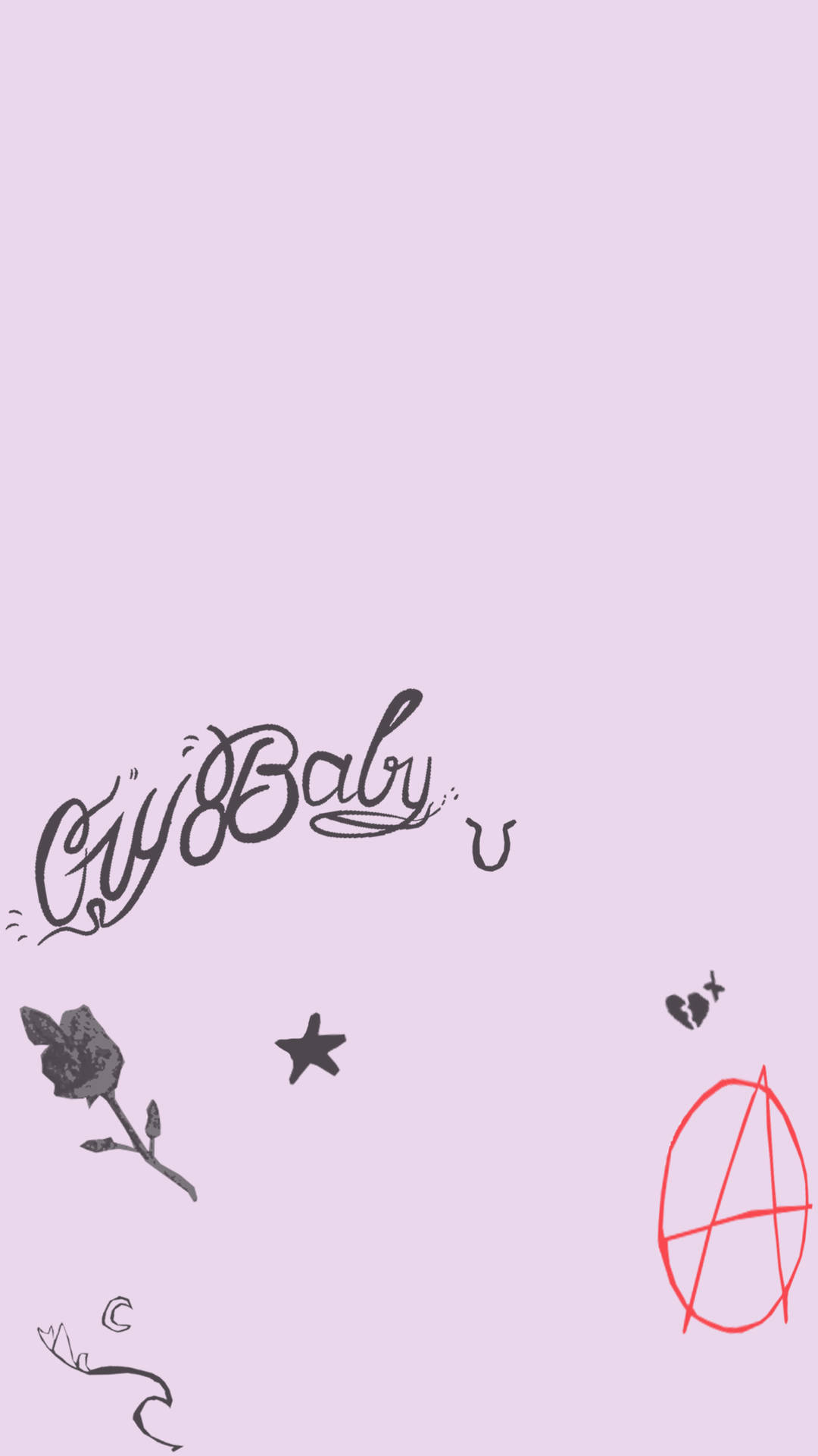 薰衣草背景，帶有「Cry Baby」文字、玫瑰、星星、破碎的心和紅色無政府主義符號。