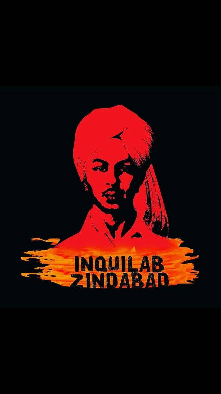 戴頭巾人物嘅紅色剪影，下面有火橙色文字 'INQUILAB ZINDABAD'。