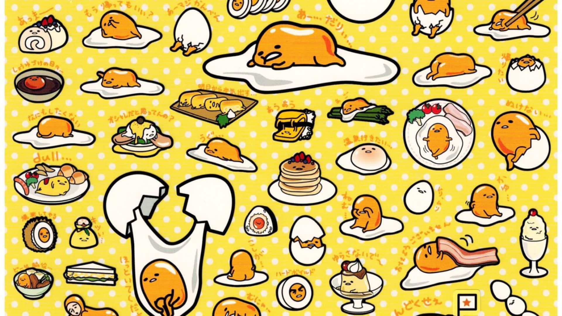 可愛的 Gudetama 角色在黃色圓點背景上的早餐食物中懶洋洋地躺著。