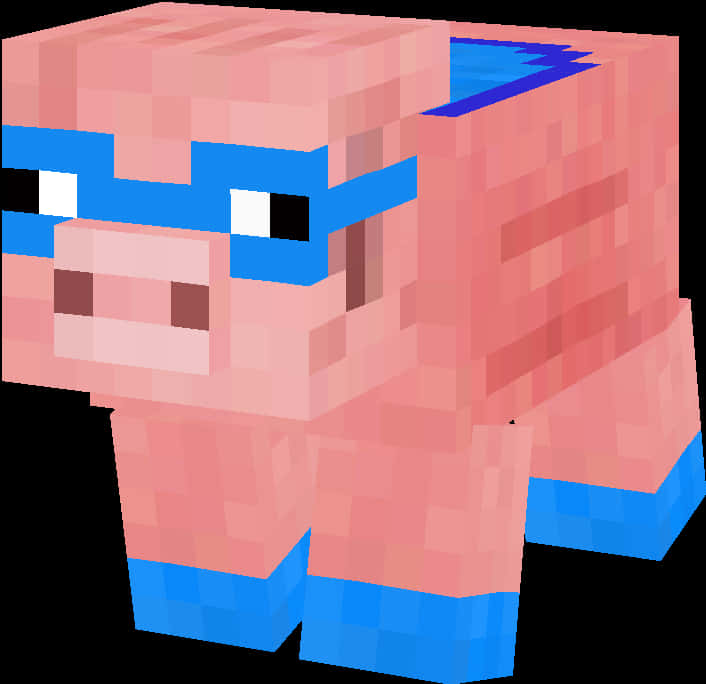 一隻像素化的Minecraft豬，臉上和腿上有藍色標記。
