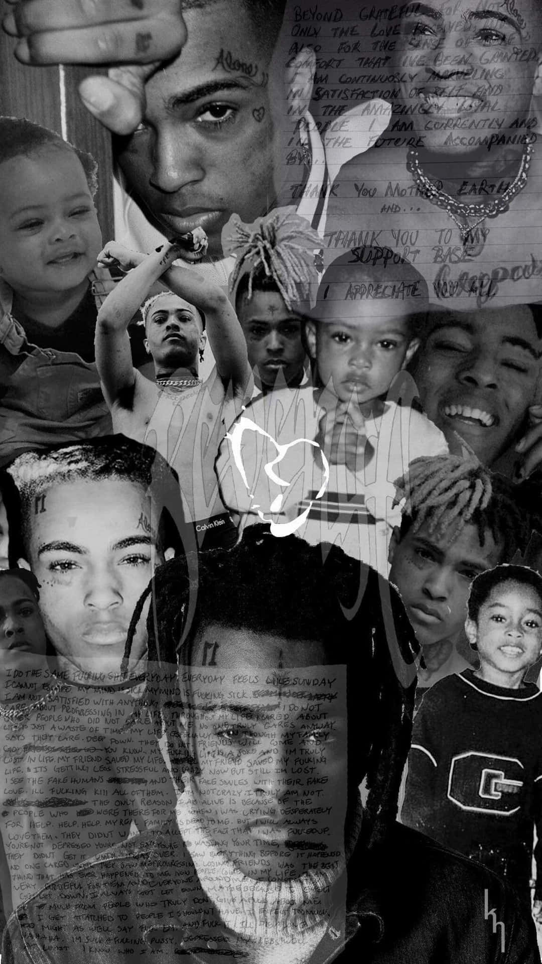 XXXTentacion與家人及手寫訊息的黑色拼貼畫。
