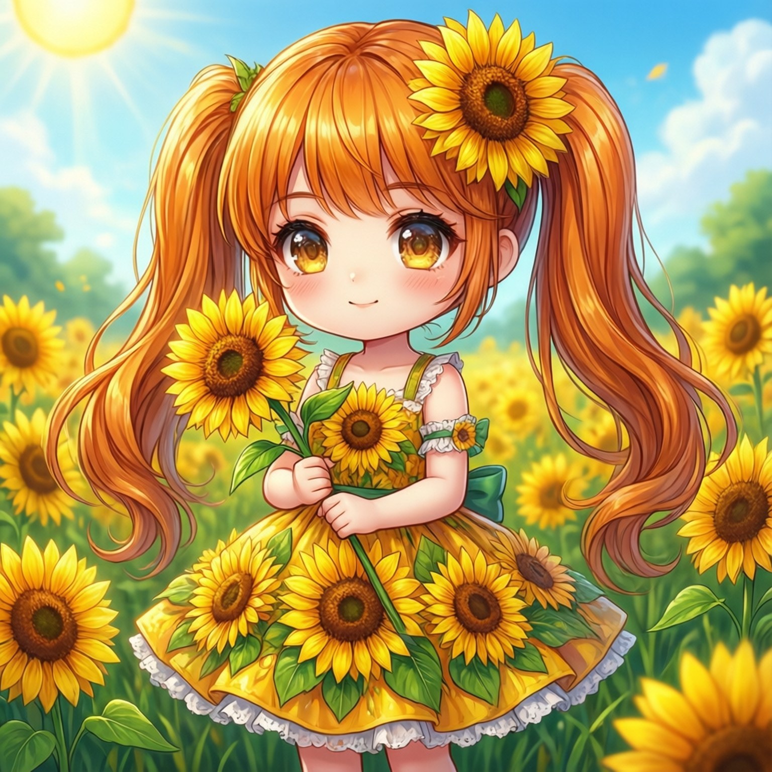 向日葵Q版少女 壁紙 — 一個開心的動漫女孩，橙色辮子，頭髮上插著向日葵，站在陽光明媚的田野裡，拿著向日葵，穿著向日葵裙子。