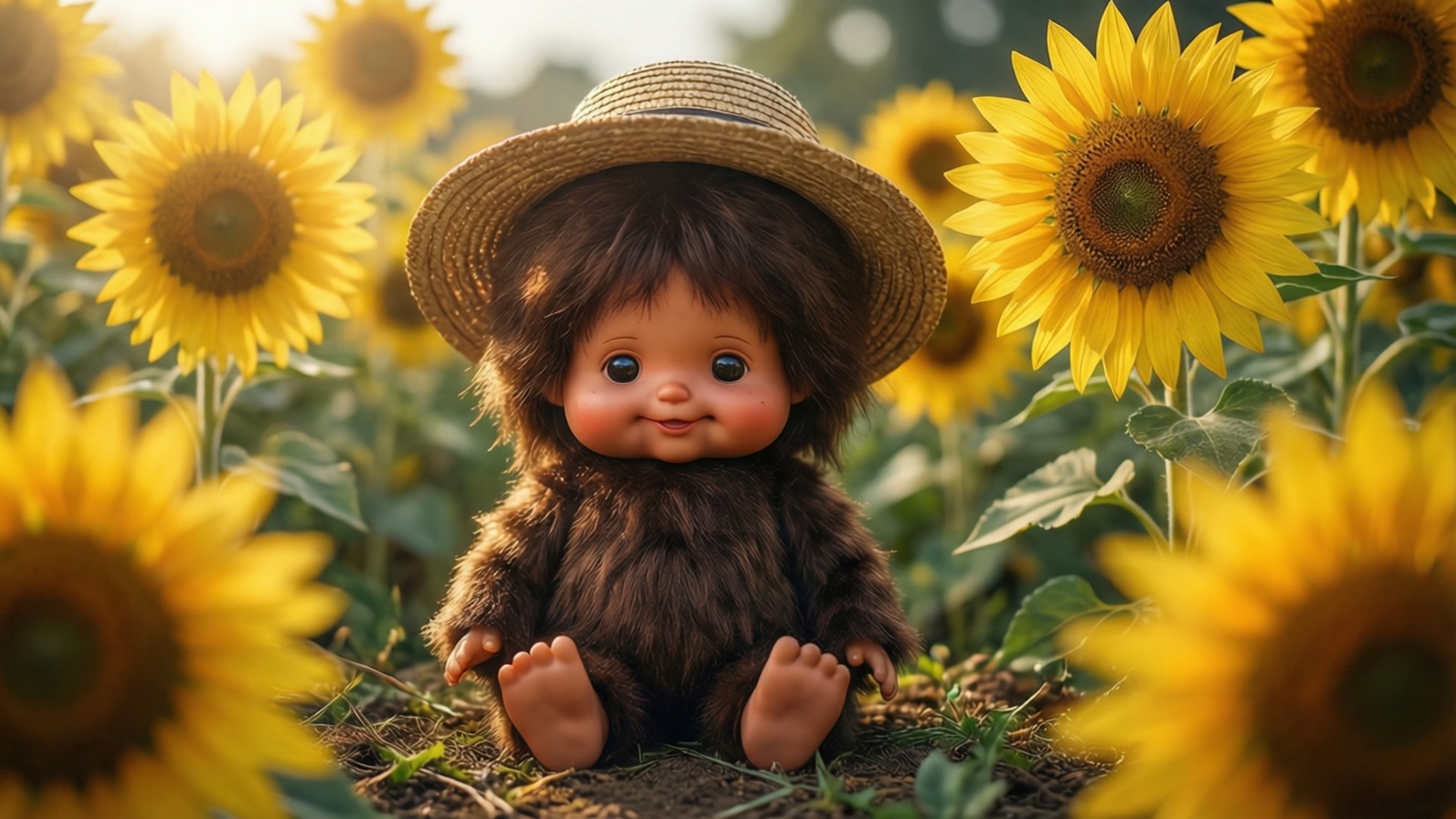 向日葵中的 Monchhichi 壁紙 — 一個可愛嘅毛茸茸細路戴住草帽，喺明亮田野中高聳嘅向日葵之間微笑坐低。