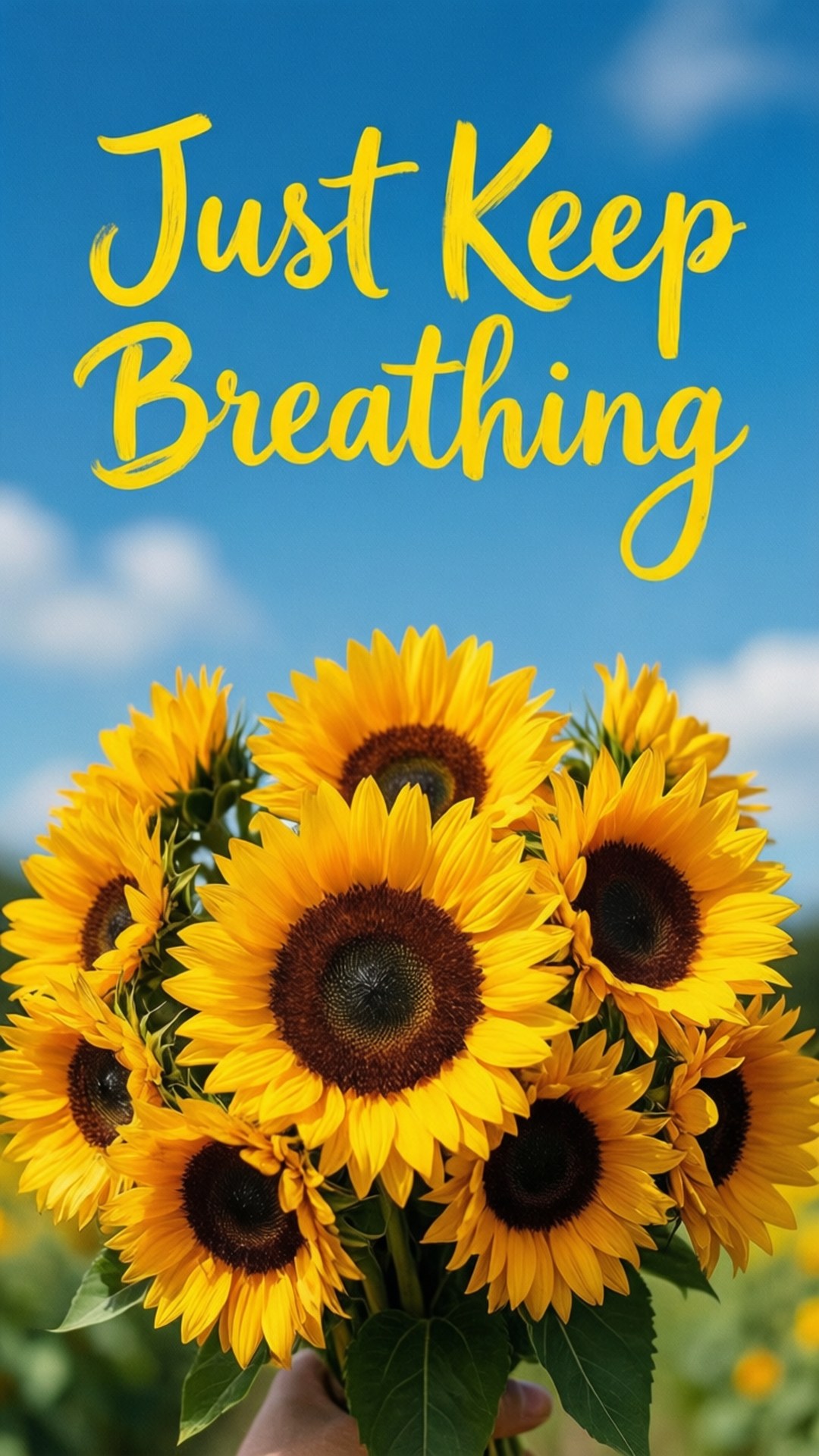 手拿向日葵，文字「just keep breathing」襯托藍天