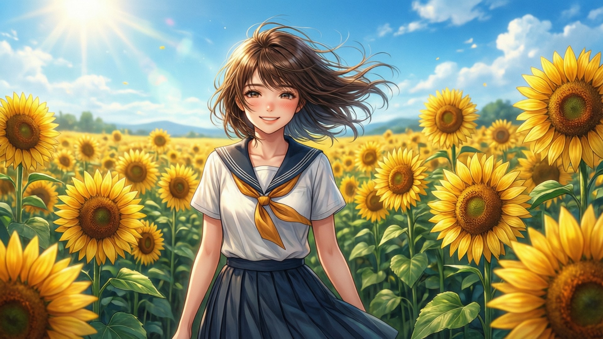動漫女孩穿水手服在向日葵田微笑，天空晴朗