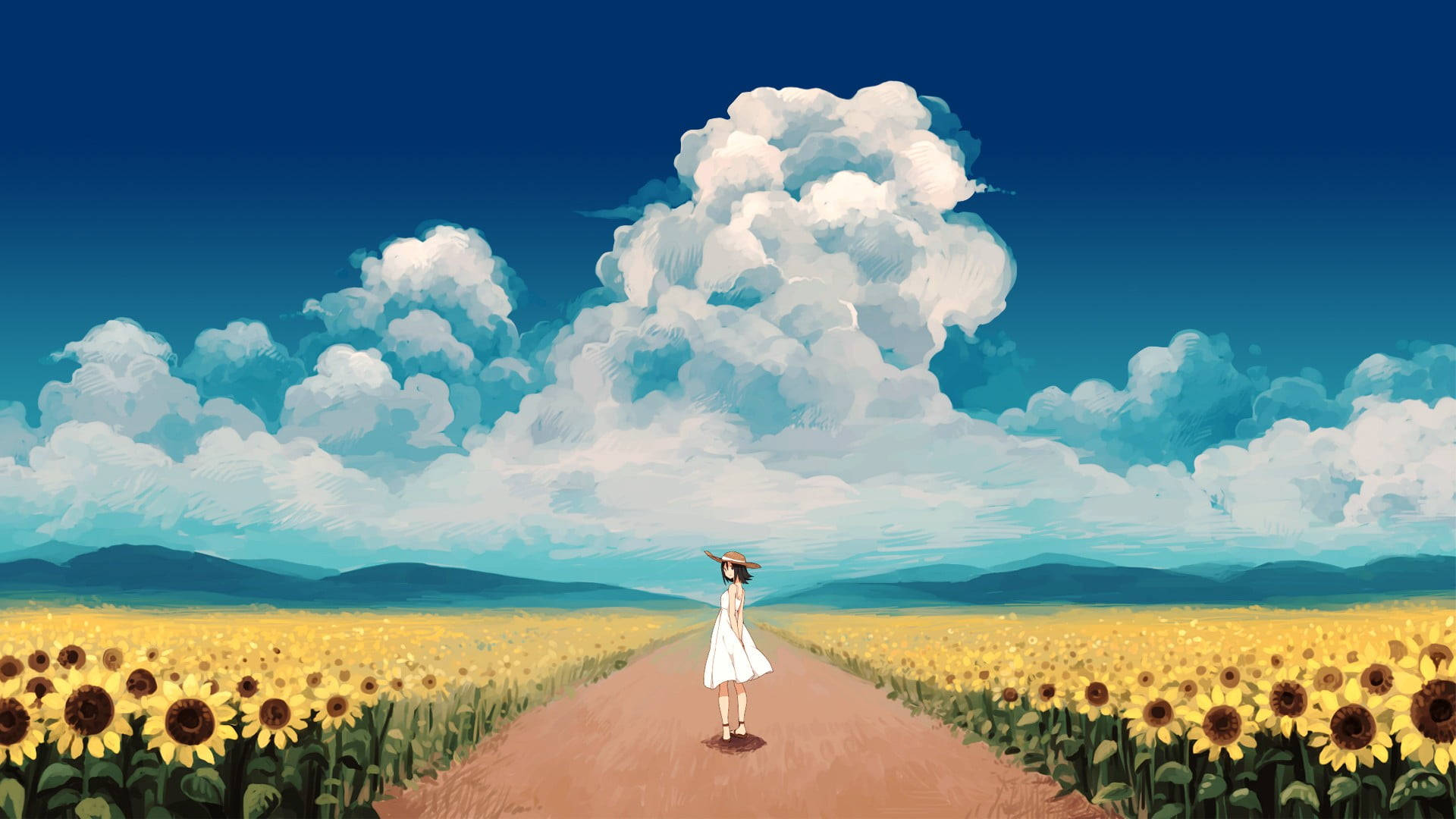 向日葵田中的少女畫作 壁紙 — 一個孤獨的女人穿著白色連衣裙，在戲劇性的多雲天空下，走過一條穿過廣闊向日葵田的泥土小徑。