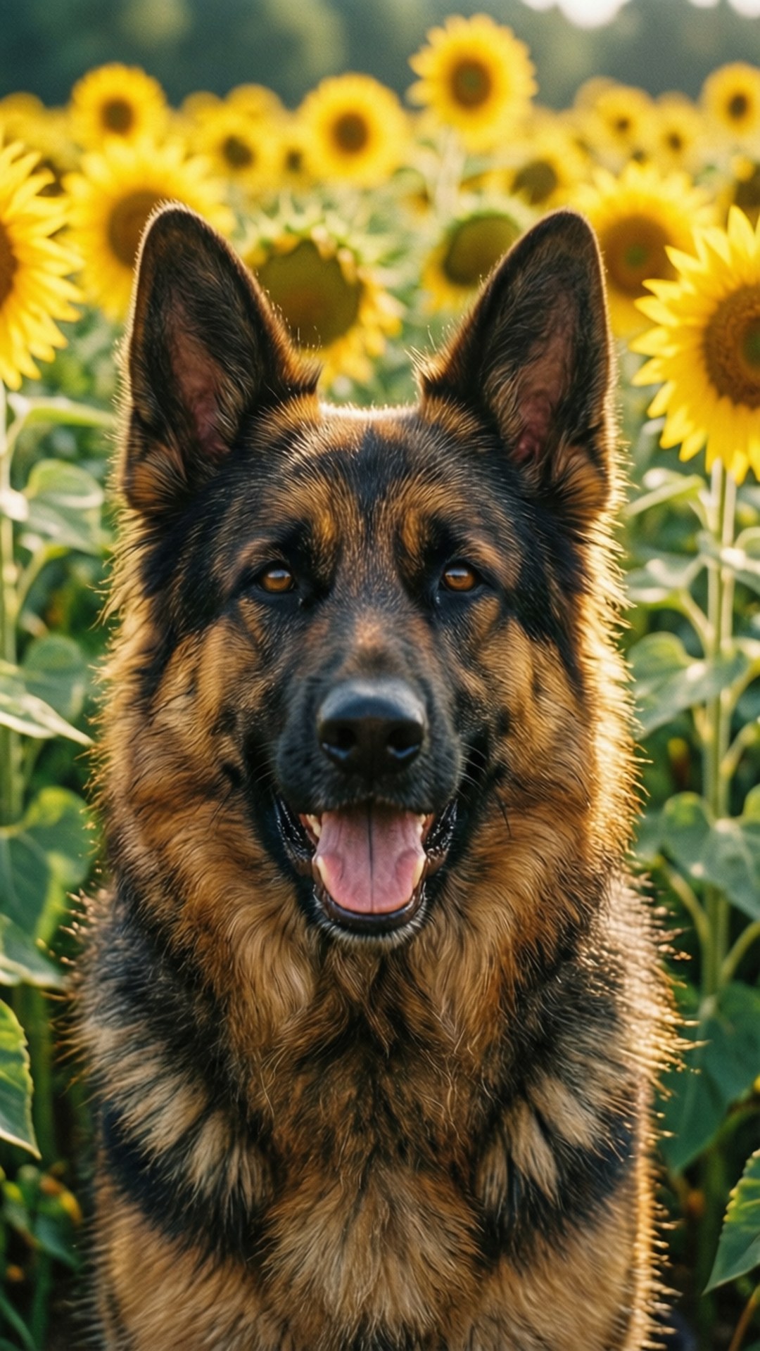 向日葵田的喜悅 壁紙 — 一隻快樂的德國牧羊犬張開開心的嘴巴，站在充滿活力的向日葵田裡，沐浴在溫暖的金色陽光下。