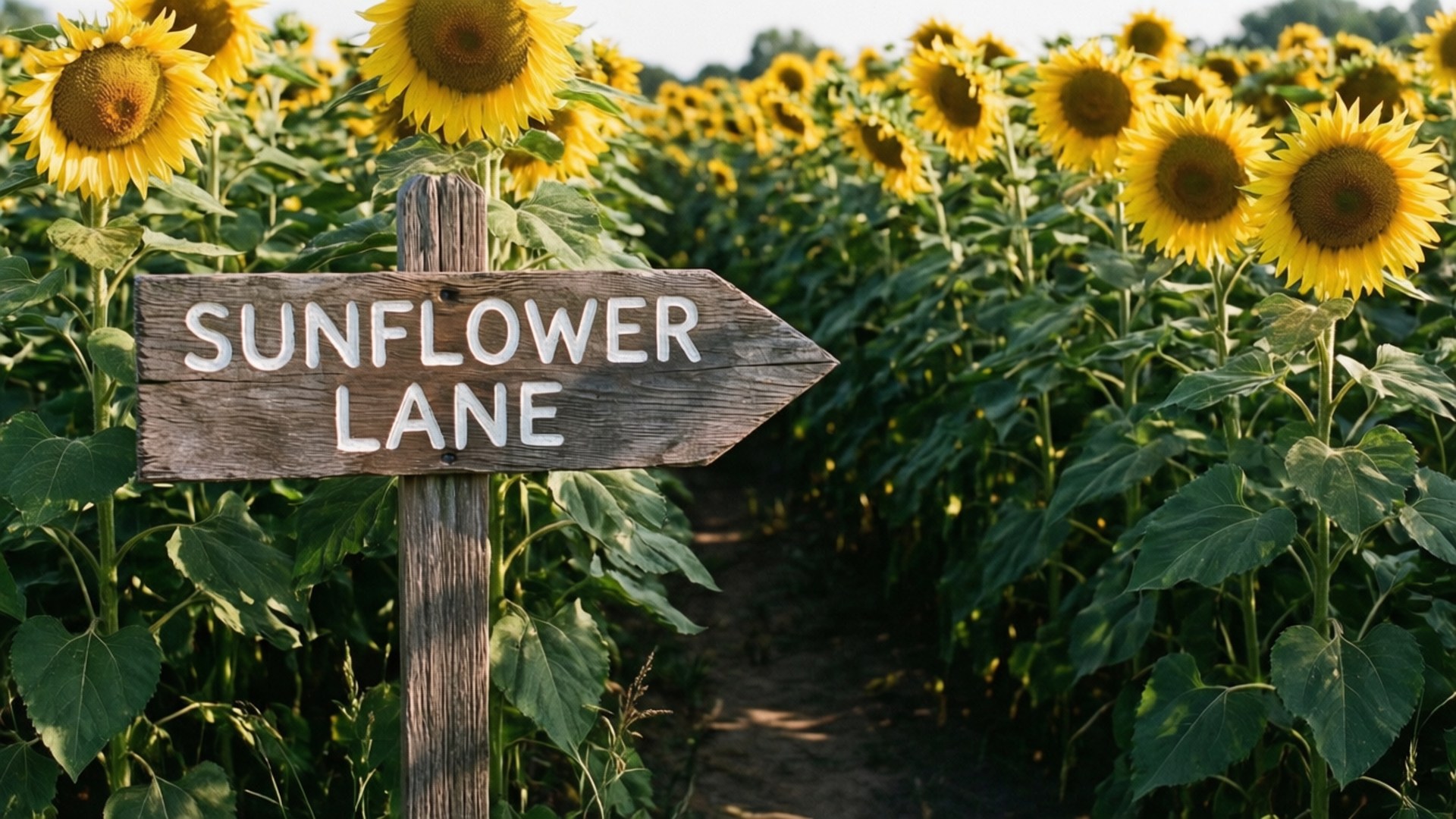 一個寫著 sunflower lane 的木箭頭牌豎立在高大的向日葵田中。