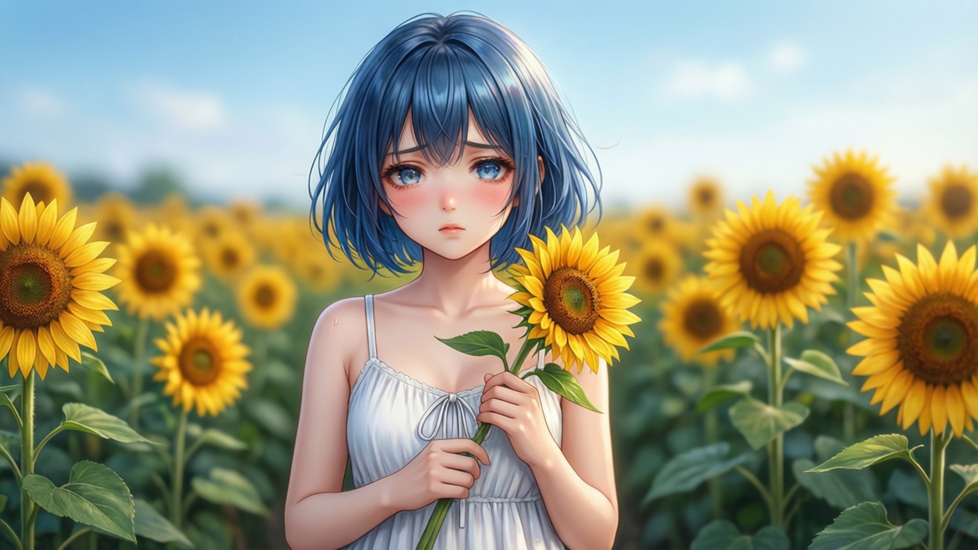 藍髮動漫女孩在陽光普照的花田中手持向日葵