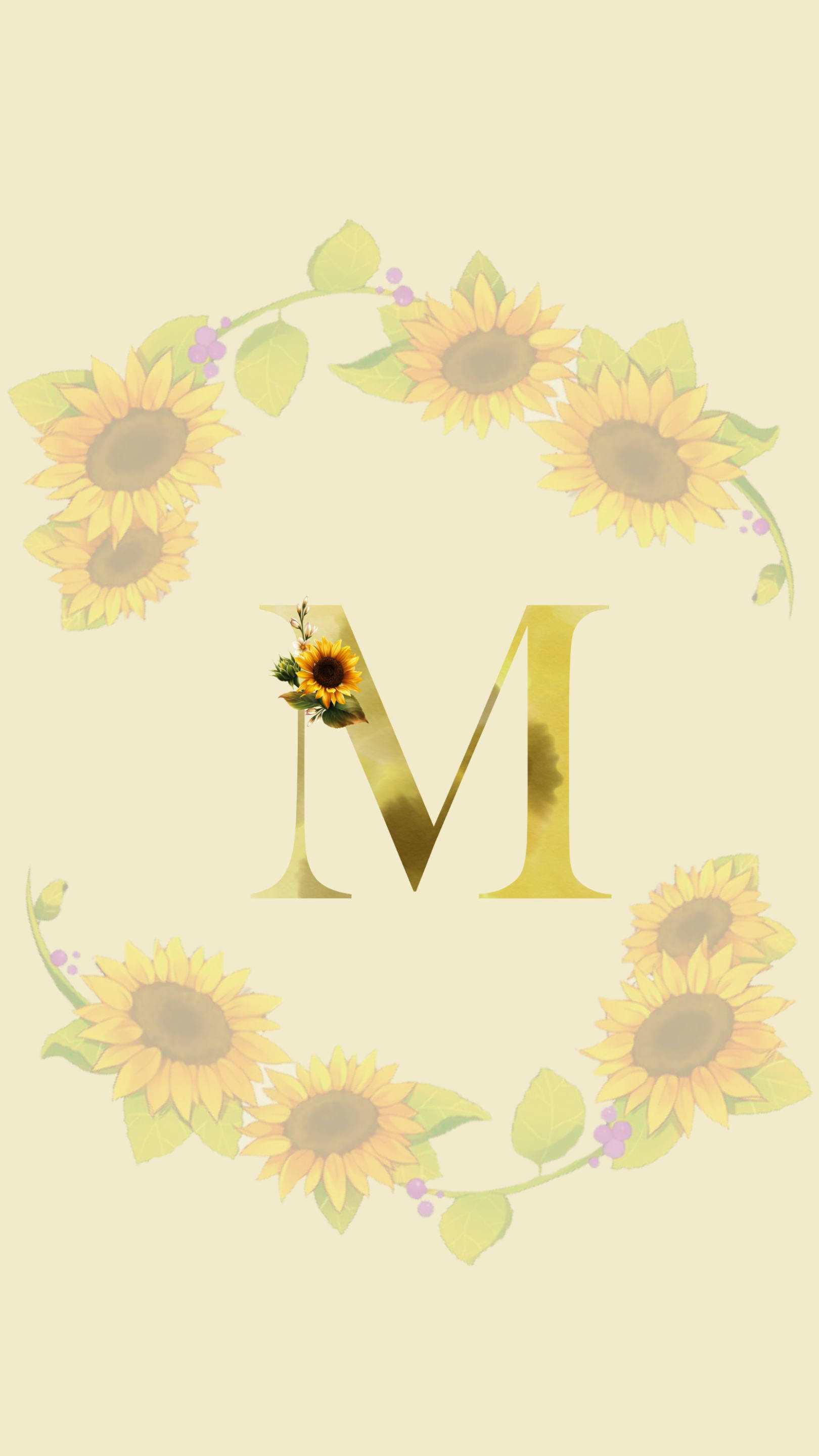 向日葵裝飾字母M 壁紙 — 金色字母M，飾以向日葵和綠植，置於柔和奶油色背景上。
