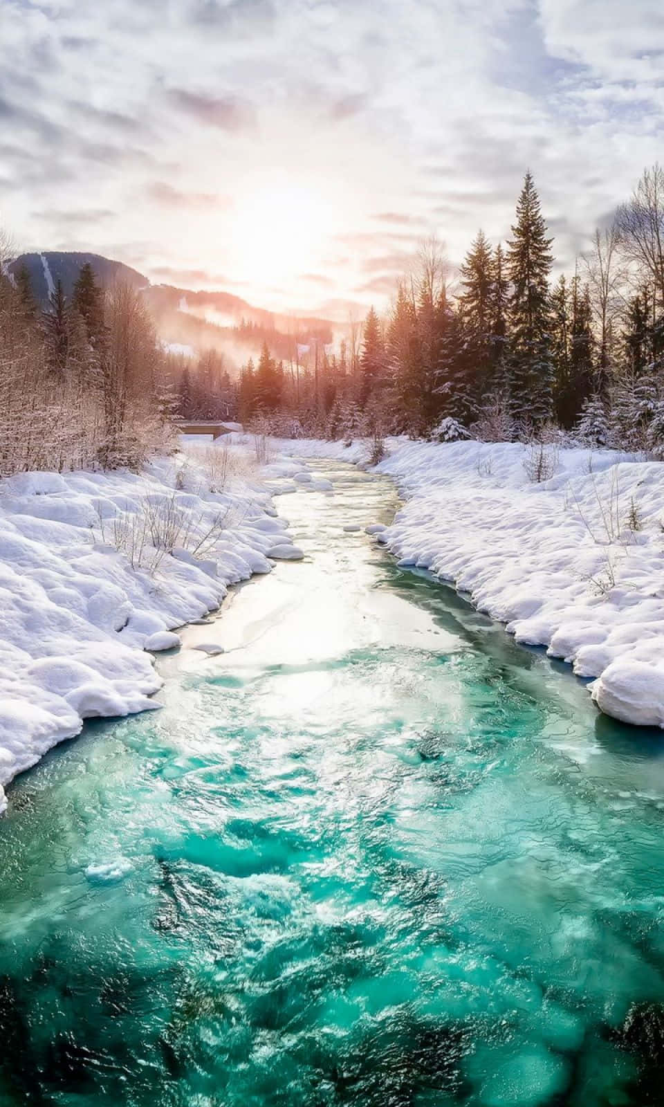 一條清澈的藍綠色河流在日出時蜿蜒穿過白雪覆蓋的森林。