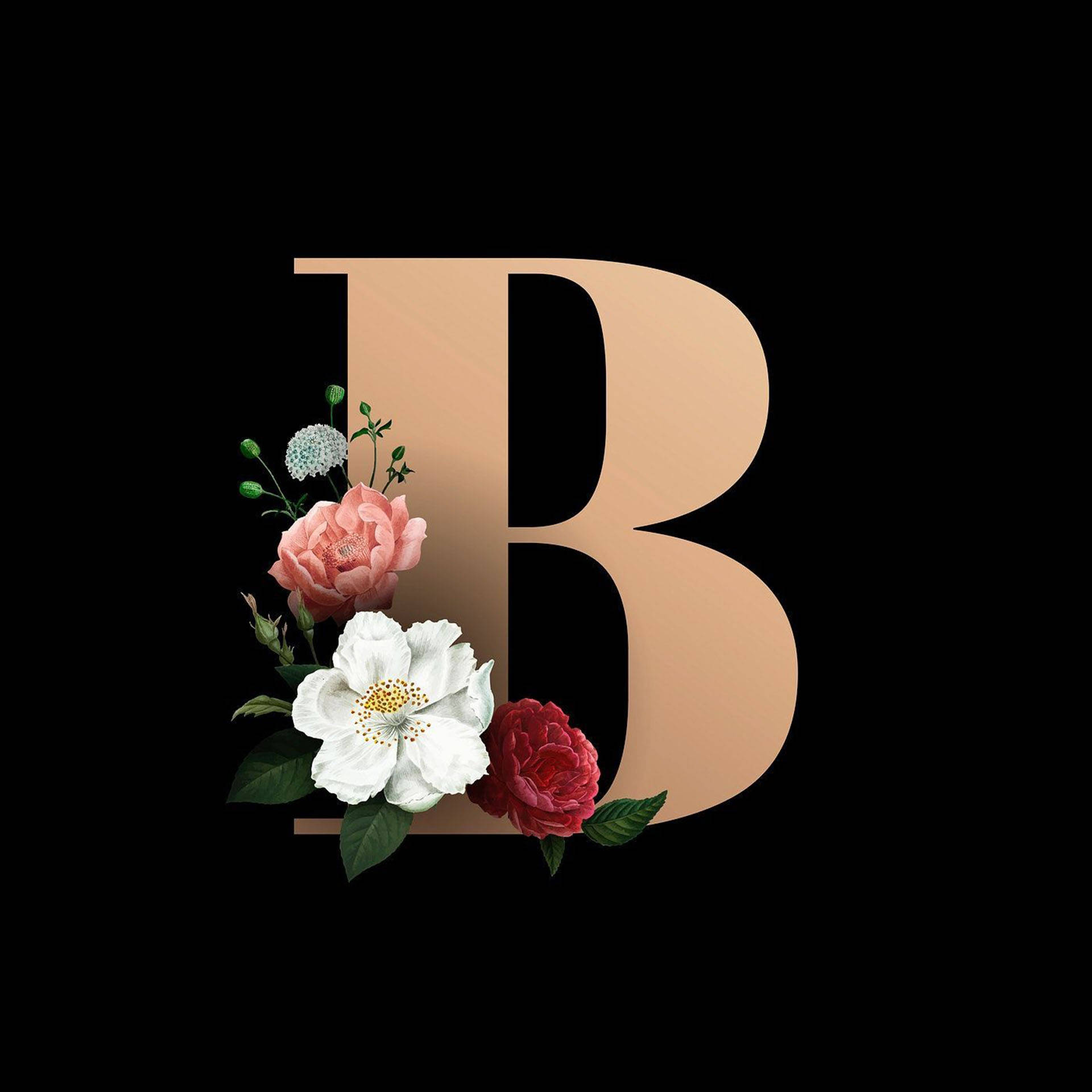 向量花卉字母B 壁紙 — 一個大型米色字母B，點綴著粉紅色、白色和紅色的花朵，背景為黑色。