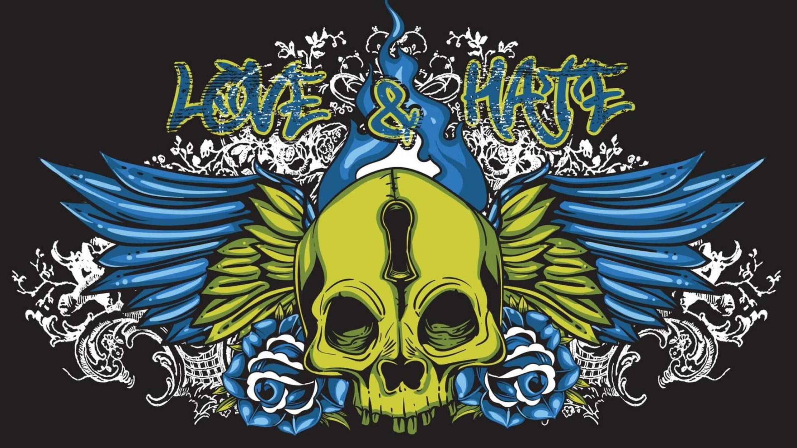 向量藝術 Hate Love 壁紙 — 一個充滿活力的綠色骷髏頭，帶有藍色翅膀和玫瑰，位於黑色背景上的「LOVE & HATE」文字下方。