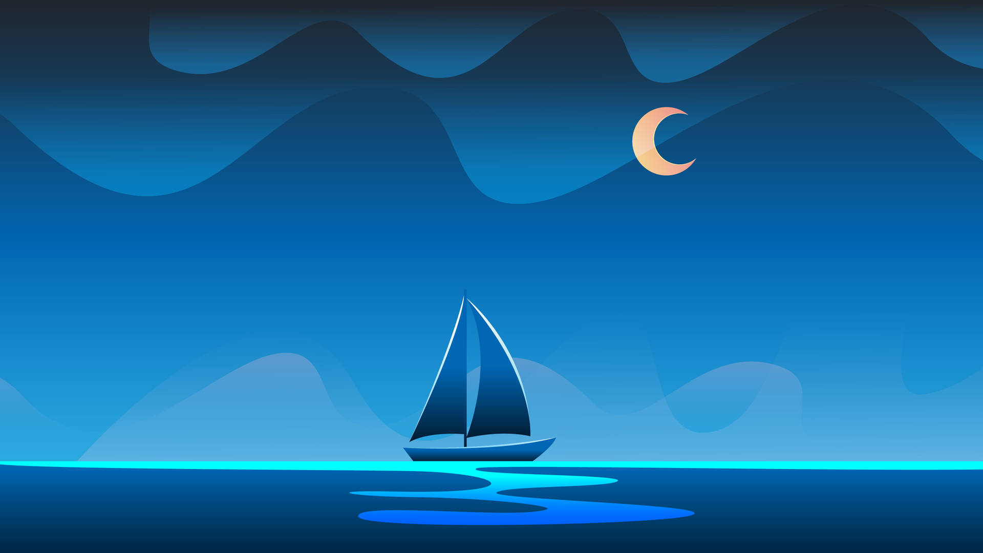 夜晚新月下平靜水面上的帆船
