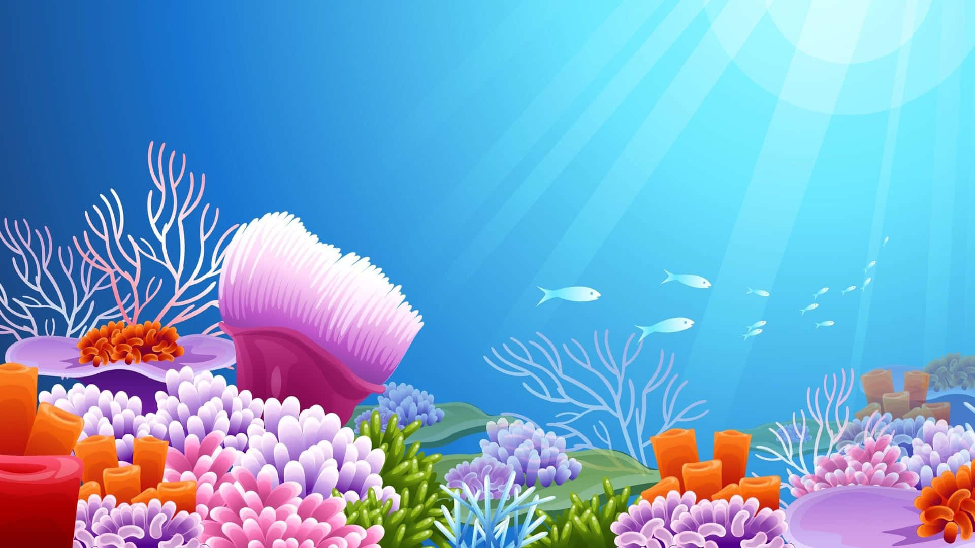 向量藝術珊瑚礁魚缸背景 壁紙 — 充滿色彩繽紛海洋生物、陽光穿透清澈藍色海水的 vibrant 珊瑚礁。