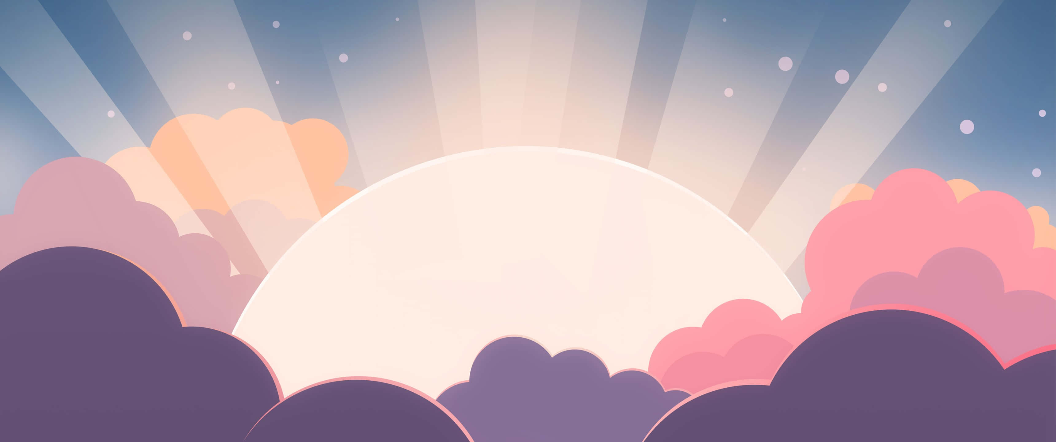 向量風格太陽與雲朵 3440x1440p 背景 壁紙 — 一個風格化的日出，柔和的粉紅色和紫色雲彩在粉彩天空中散發出金色的光芒。