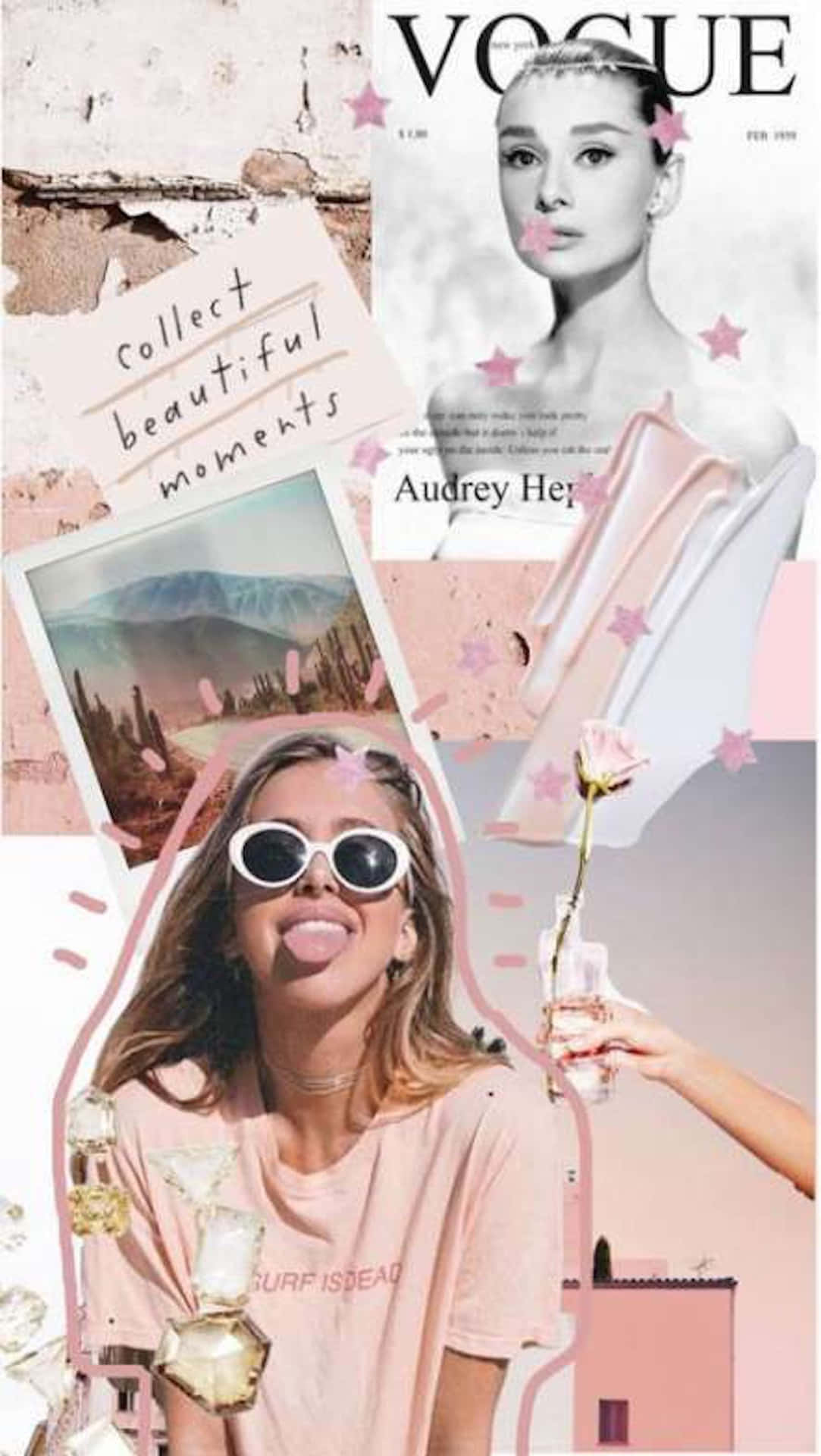 粉紅色拼貼畫，有 Audrey Hepburn、戴太陽眼鏡的女人、沙漠照片和玫瑰。