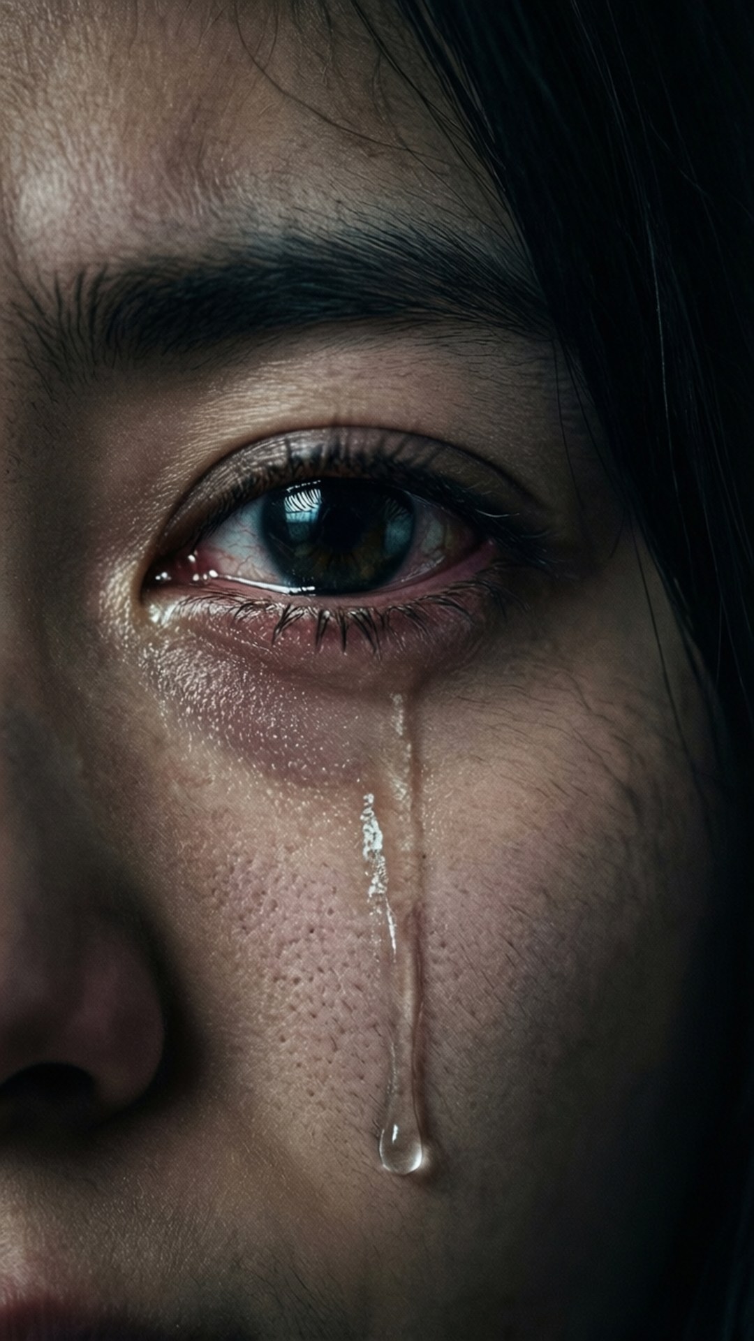 女性眼睛的特寫，淚水滴落在昏暗燈光下的臉頰上。