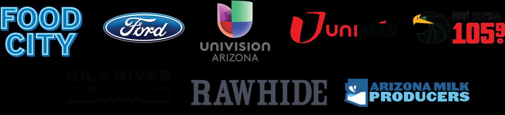 含福特的多品牌標誌集合 壁紙 — 黑色背景上顯示Food City、Ford、Univision、Rawhide、Arizona Milk Producers及其他品牌的發光標誌，顏色和字體各異。