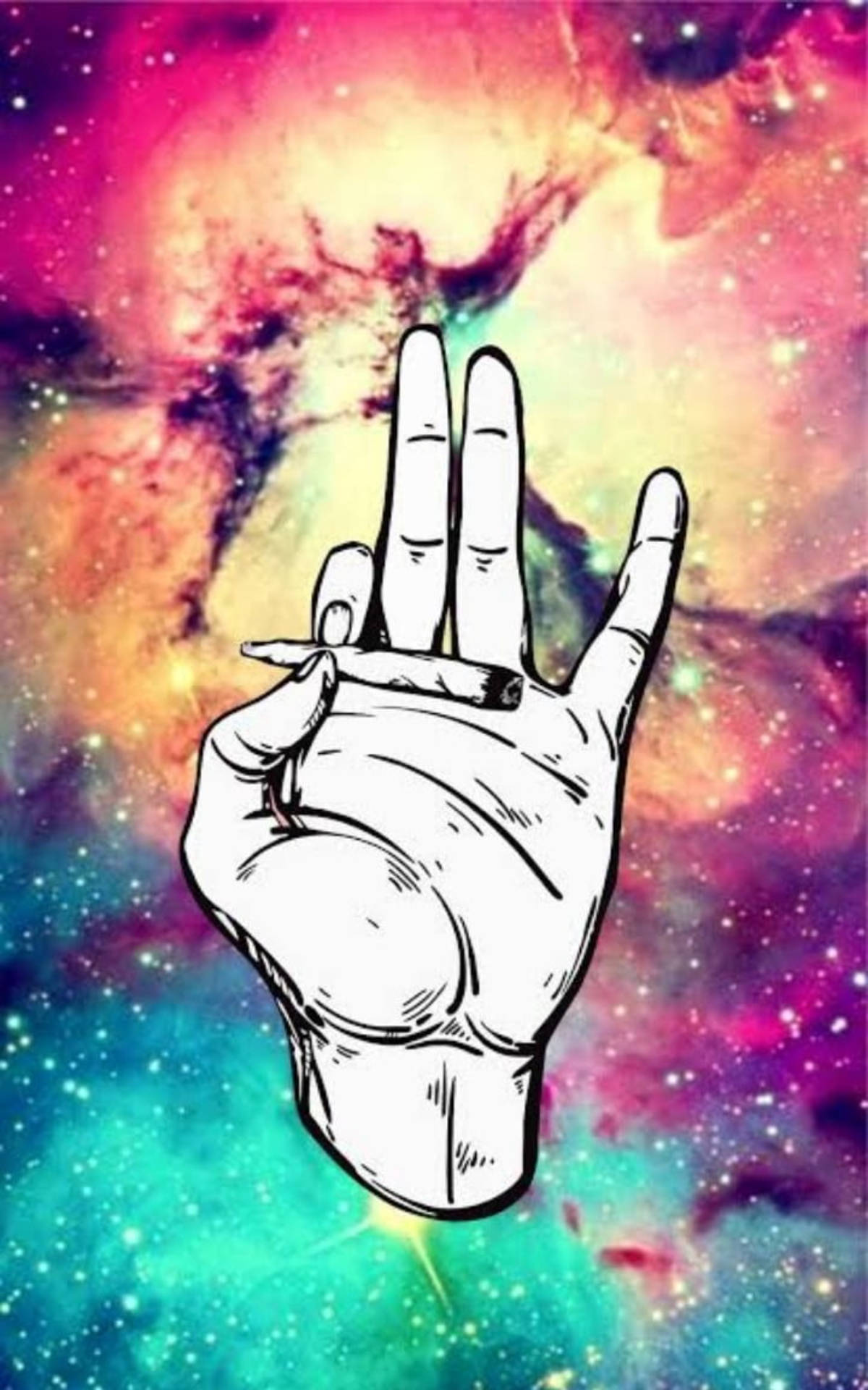 手在彩色宇宙背景前拿著香煙