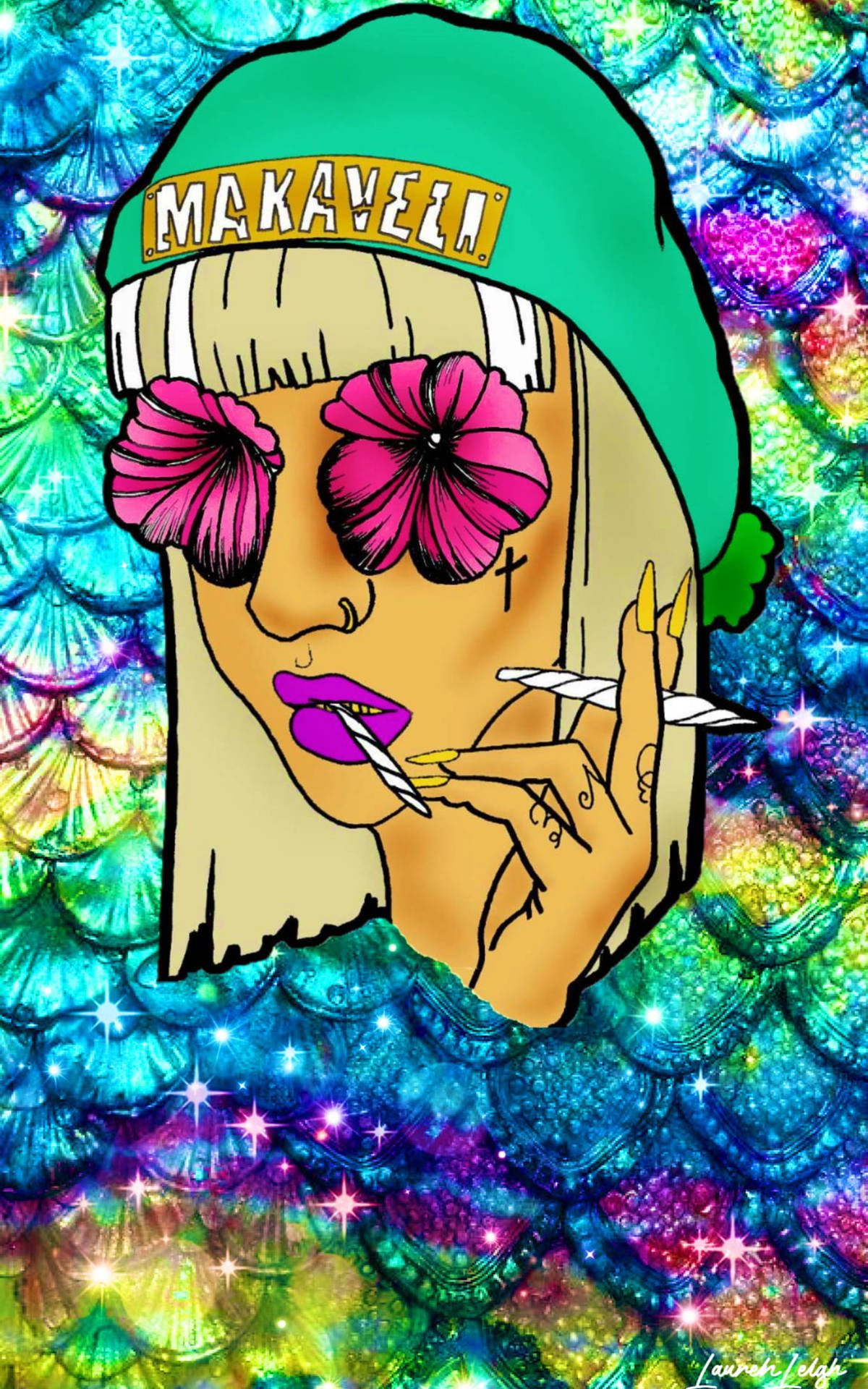 卡通女孩戴著花朵太陽眼鏡和綠色帽子，在閃閃發光的美人魚鱗片背景上抽煙。
