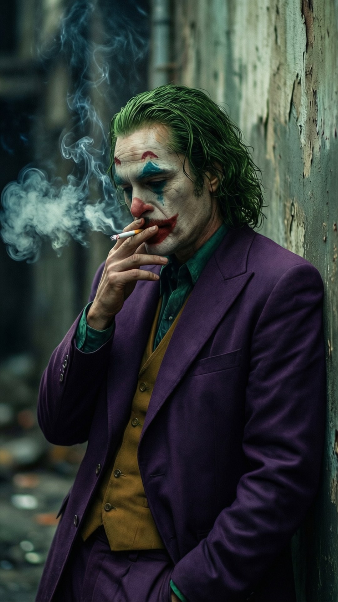 吸煙傾斜小丑 壁紙 — 一個綠髮小丑妝的男人靠著風化的城市牆壁抽煙。