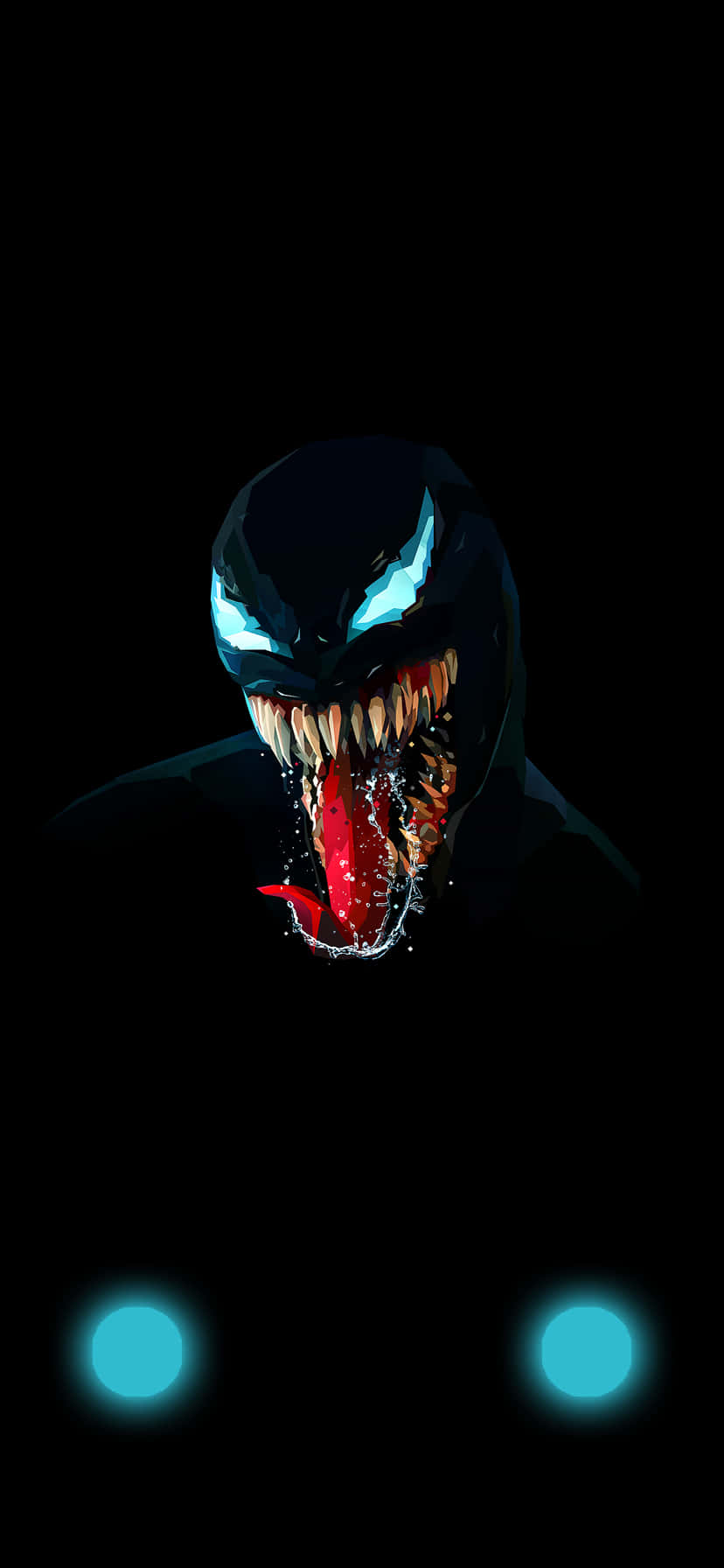 Venom 有發光嘅藍色眼睛同紅色舌頭，黑色背景配上藍色球體。