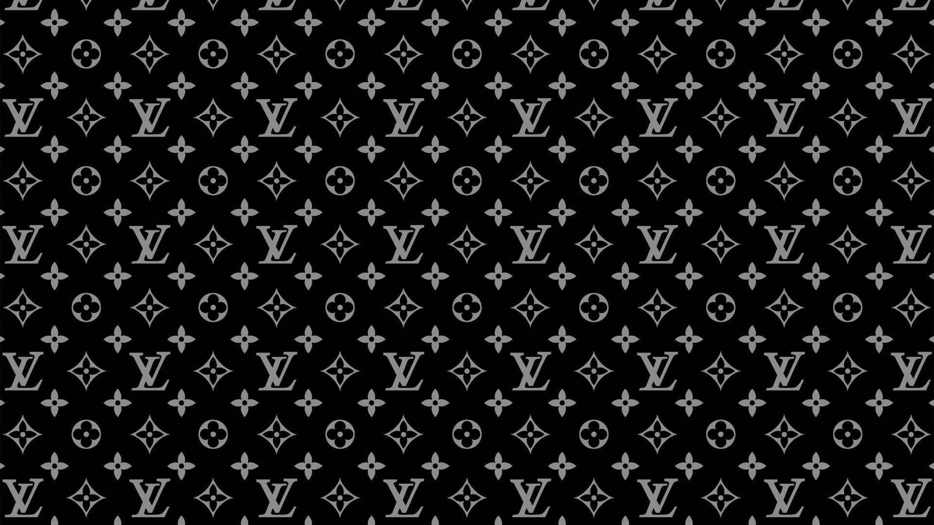 吸睛的路易威登圖案 壁紙 — 黑色背景上重複的單色Louis Vuitton字母組合圖案，帶有交錯的LV標誌和花卉圖案。