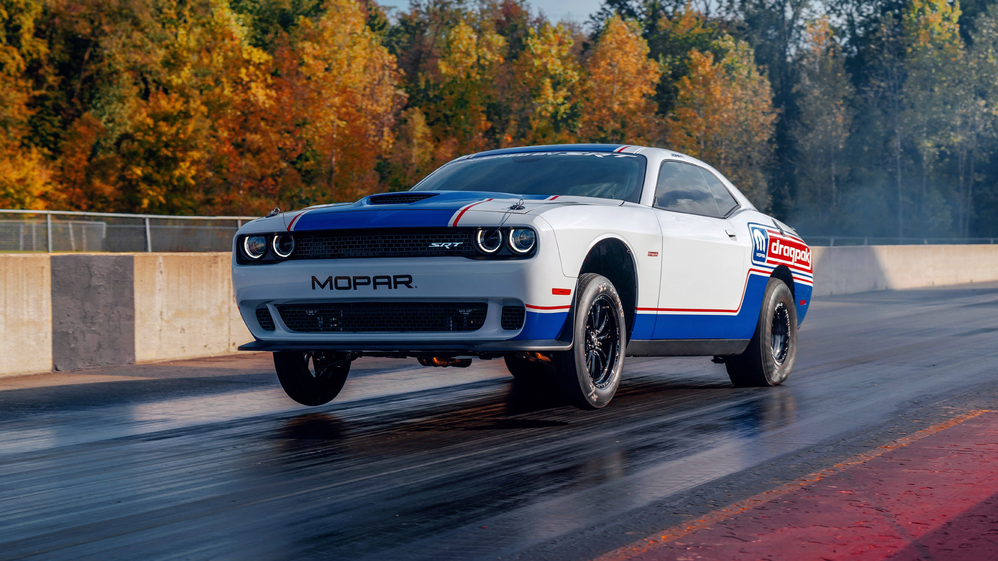 吸睛的道奇挑戰者 MOPAR 版本 壁紙 — 一輛白色、藍色和紅色的Mopar Dodge Challenger SRT在潮濕的賽道上奔馳，背景是秋天的樹木。