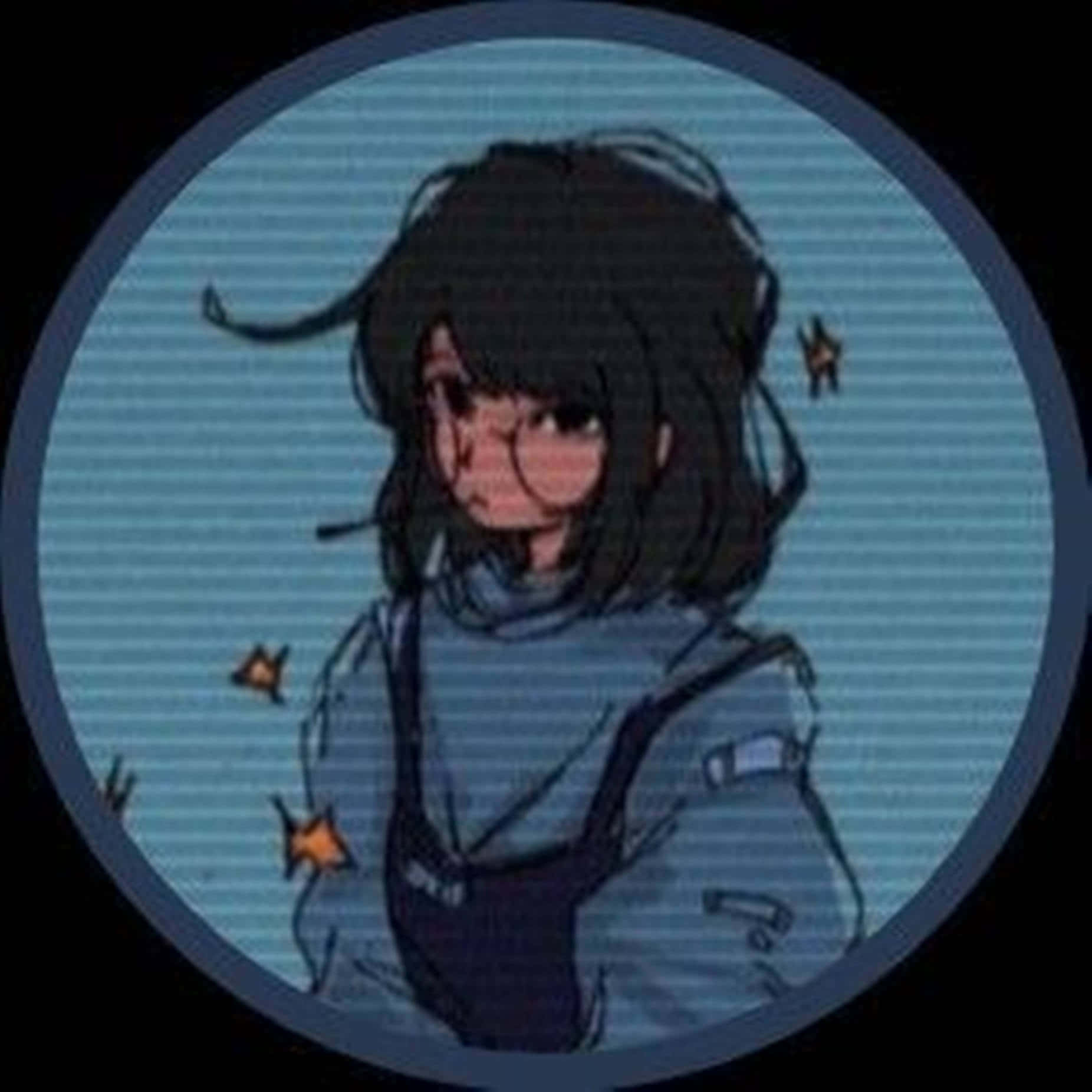 戴眼鏡深色頭髮的動漫女孩，在藍色條紋背景上被星星環繞。